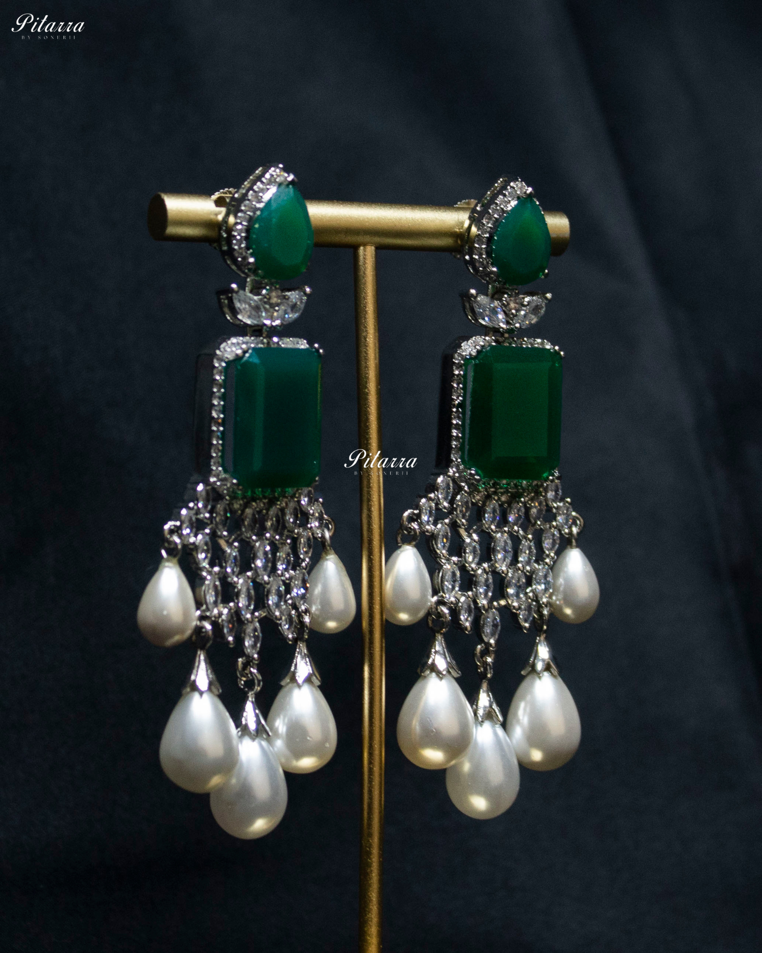 Emerald Stone Multi Layered Pearl Long Necklace Set
