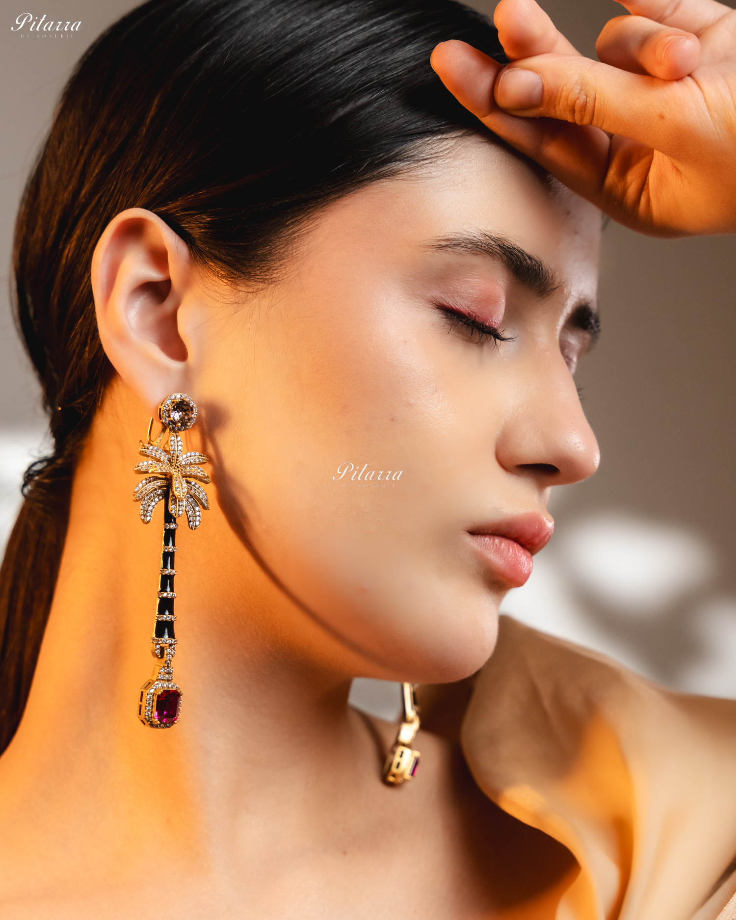 Golden and Pink Stone Palm Tree Crystal Earrings