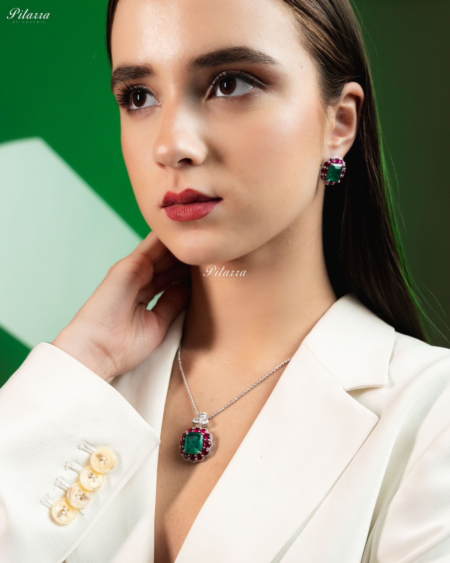 Emerald Stone Pink Line Square 92.5 Silver Neckalce Set