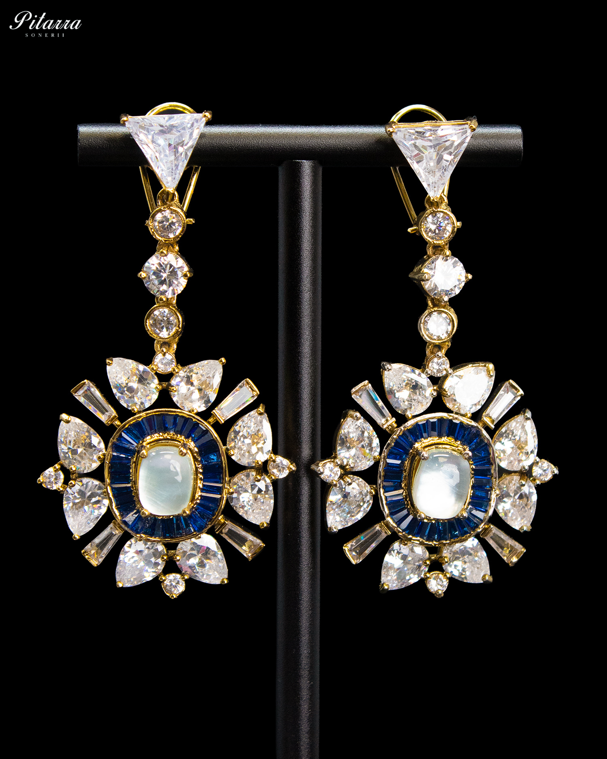 White and Blue Kundan Floral Drop Earrings