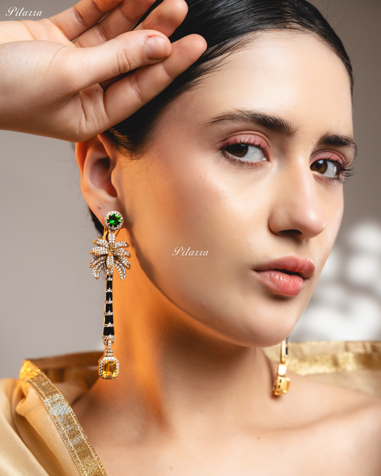 Green and Yellow Stone Palm Tree Crystal Earrings