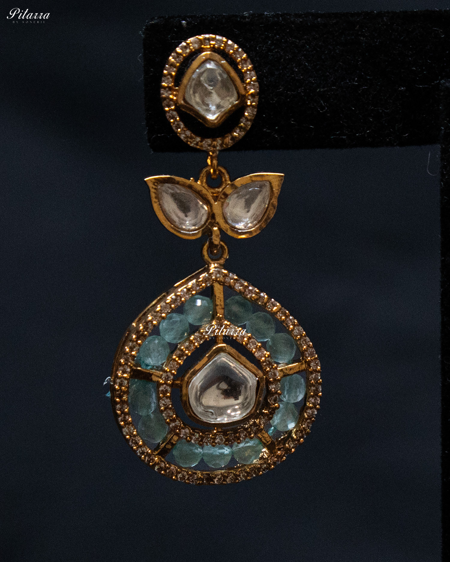 Sky Blue Crystals Teardrop Gold Plated Kundan Necklace Set