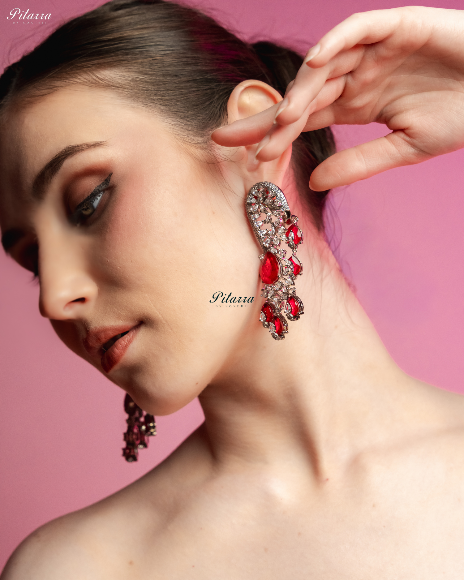 Red Silver Polish CZ Crystal Dangler Earrings