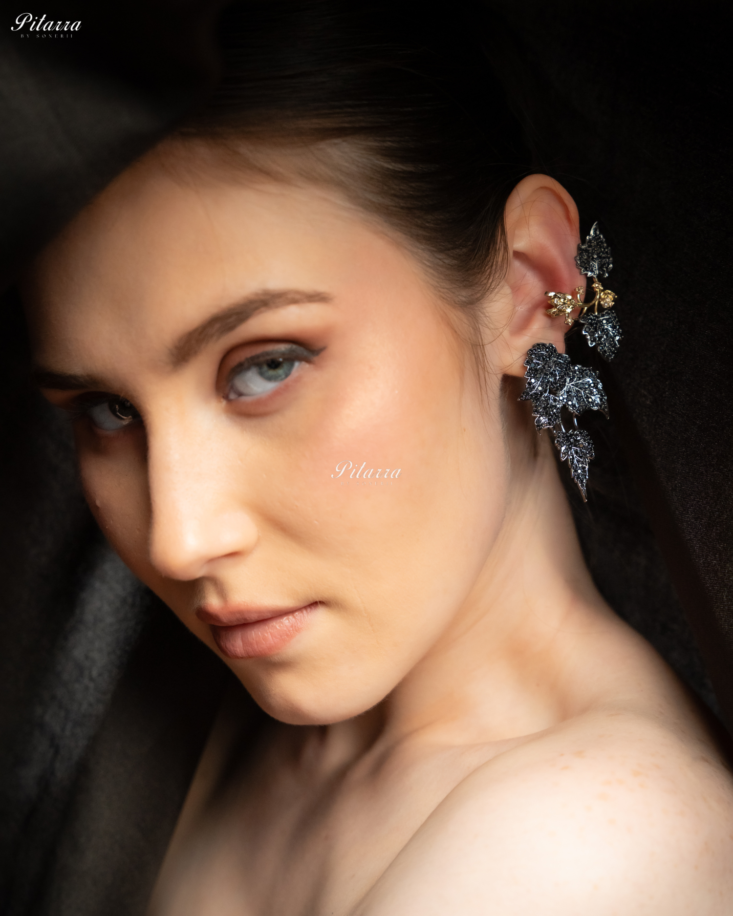 Black Unique Leaf Shaped Crystal Earrings