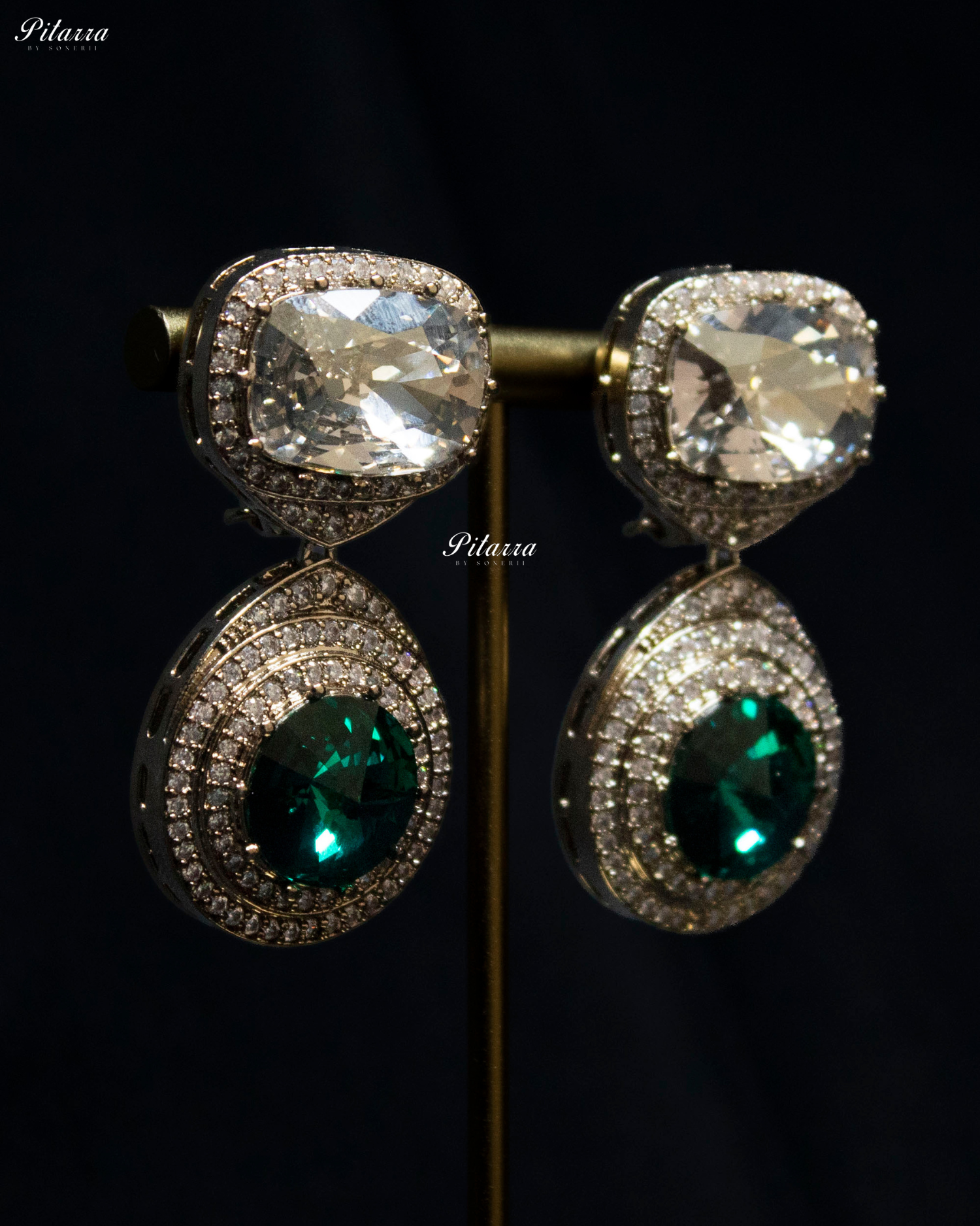Sapphire Blue and Emerald Three Stone Crystal Choker Set