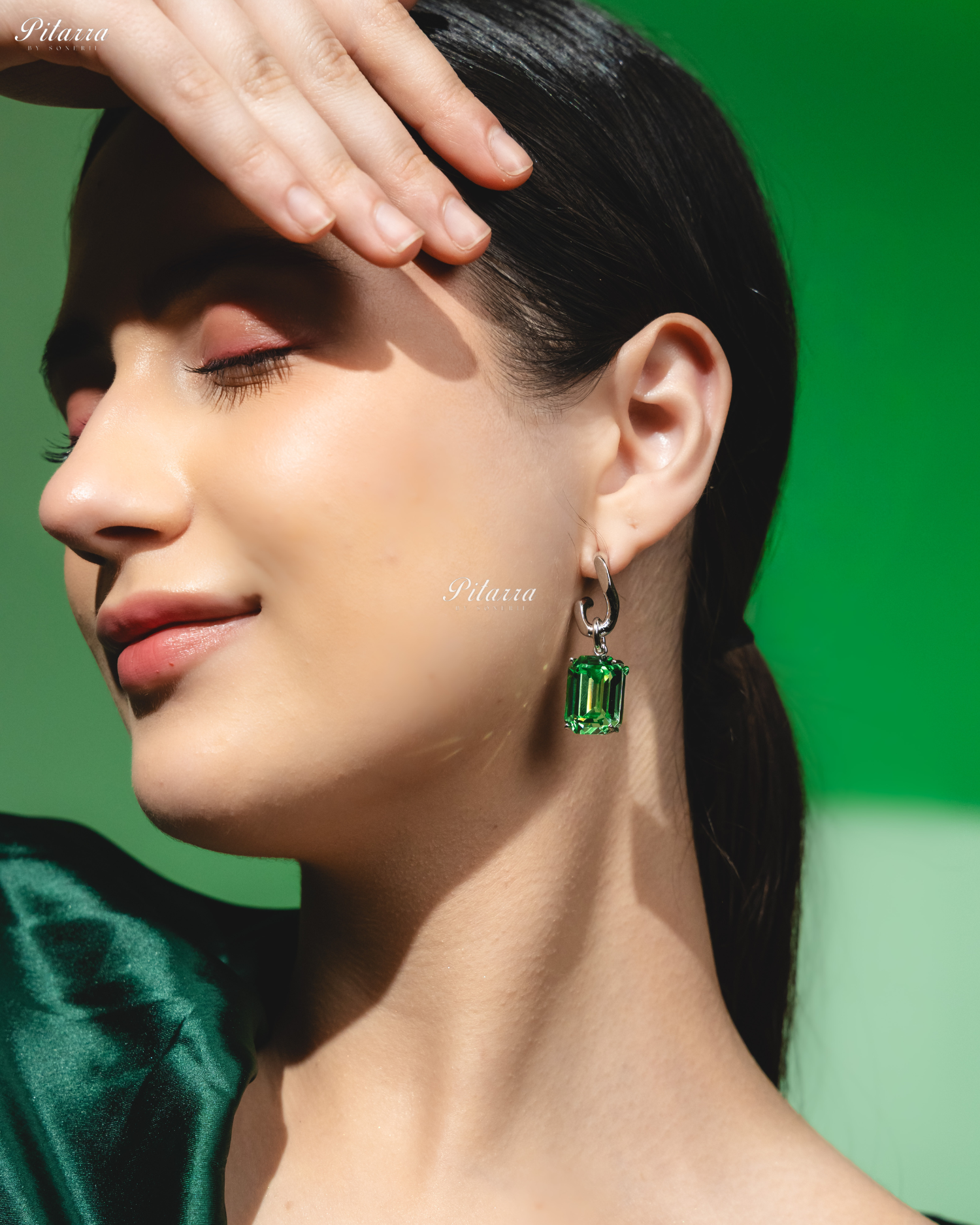 Peridot Stone Rectangular Zircon Silver Crystal Earrings