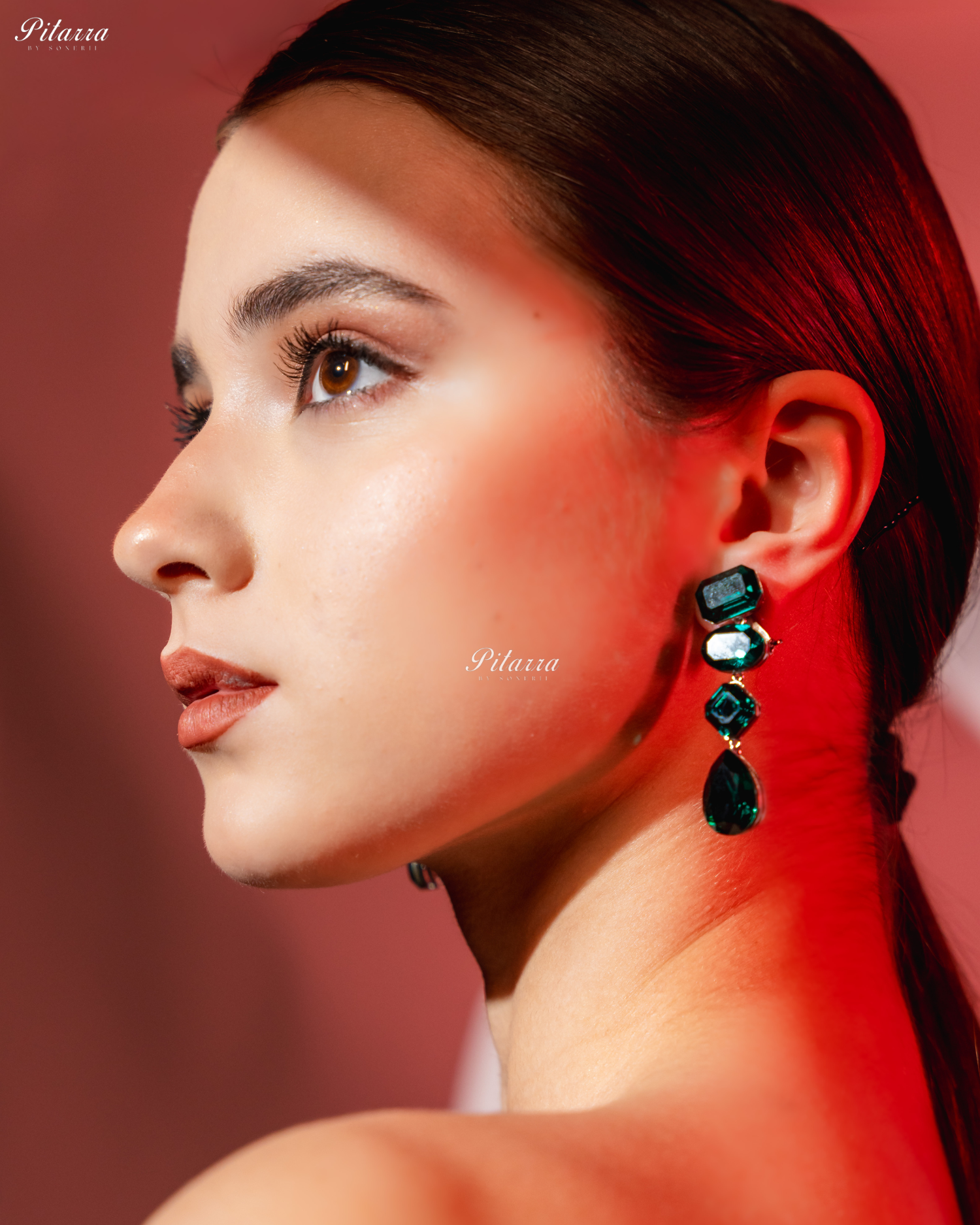 Emerald Stone Studded Geometric Crystal Drop Earrings