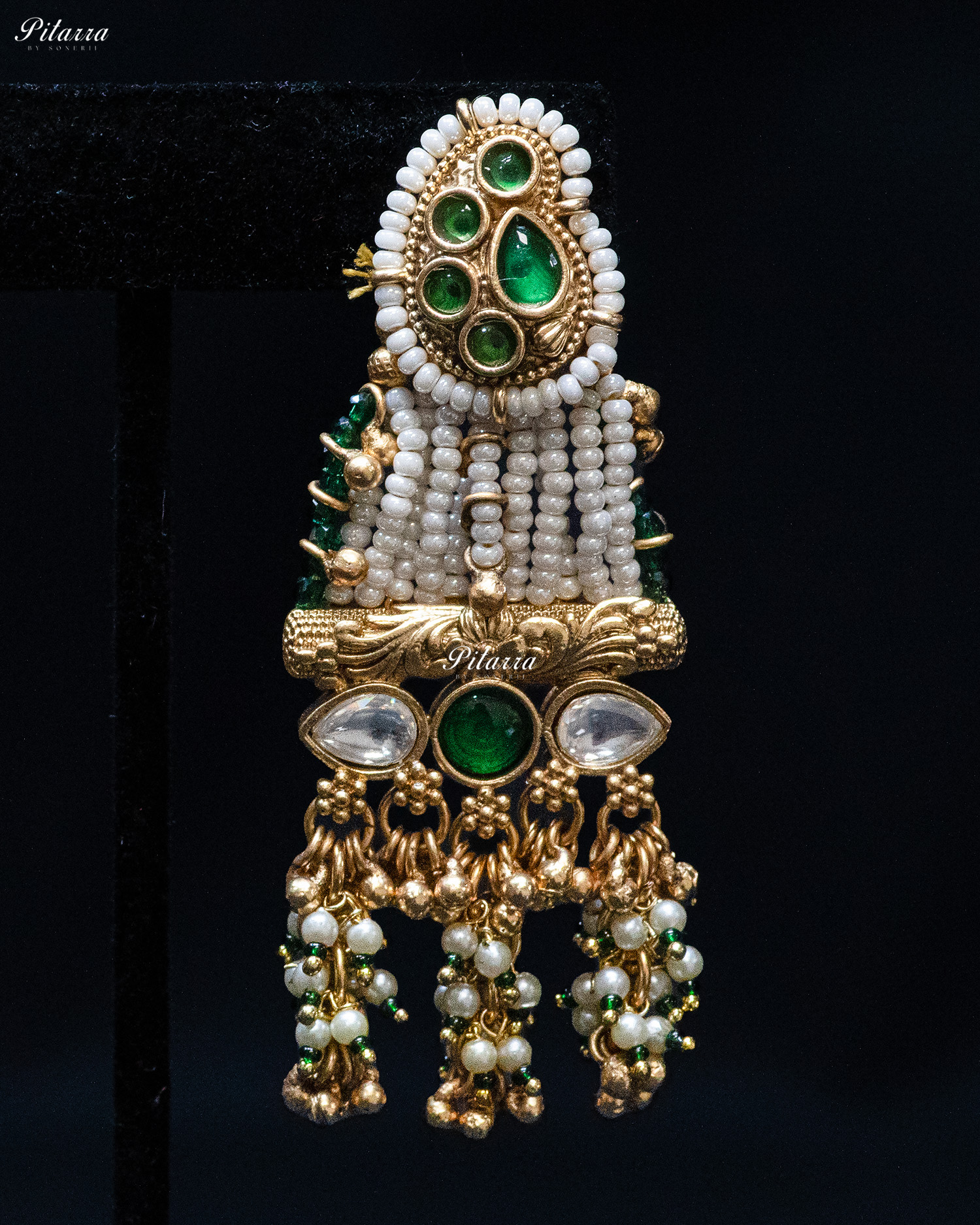 Golden Green Stone Multi Strand Long Kundan Necklace Set