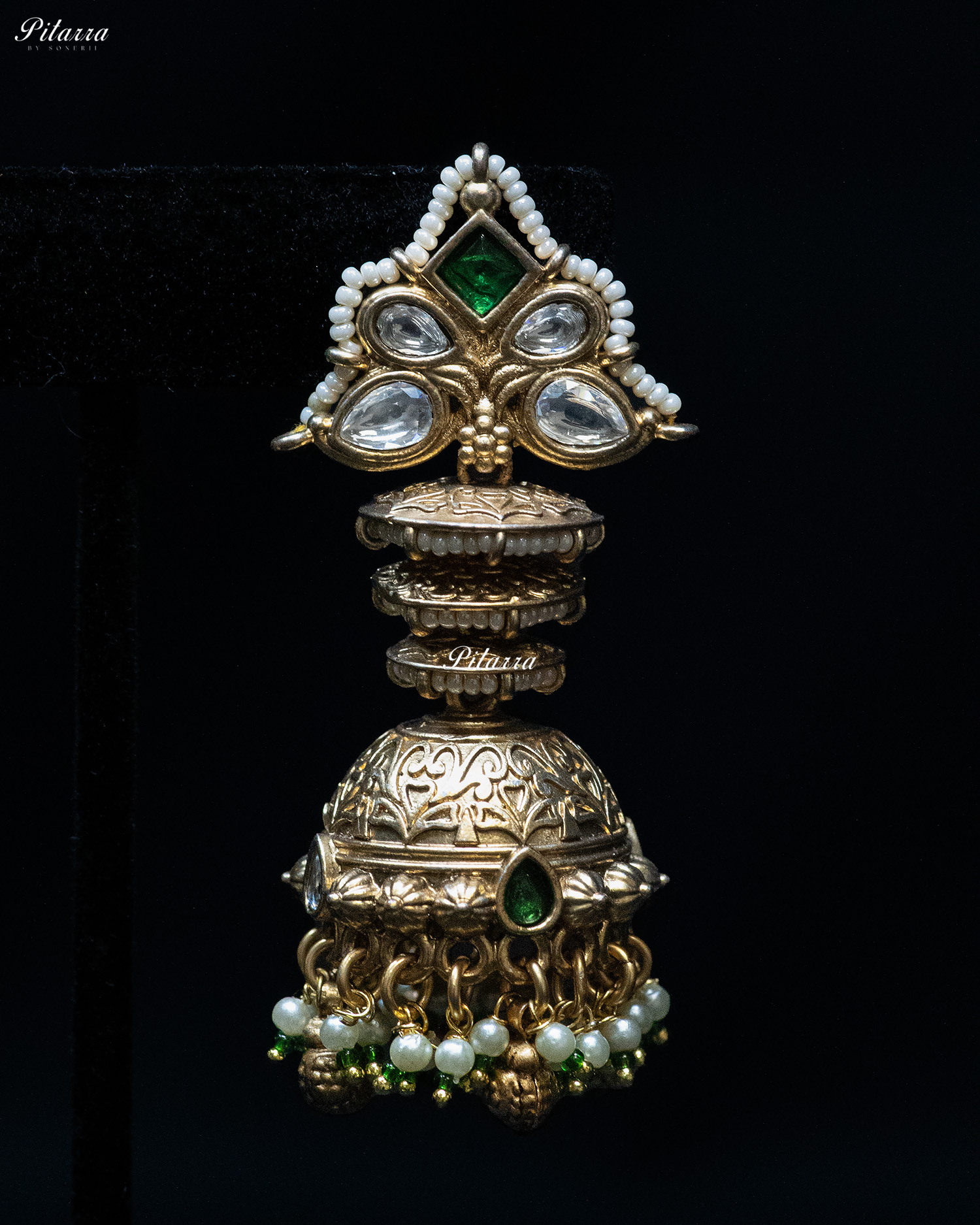 Emerald Stone Gold Finish White Pearl Kundan Necklace Set
