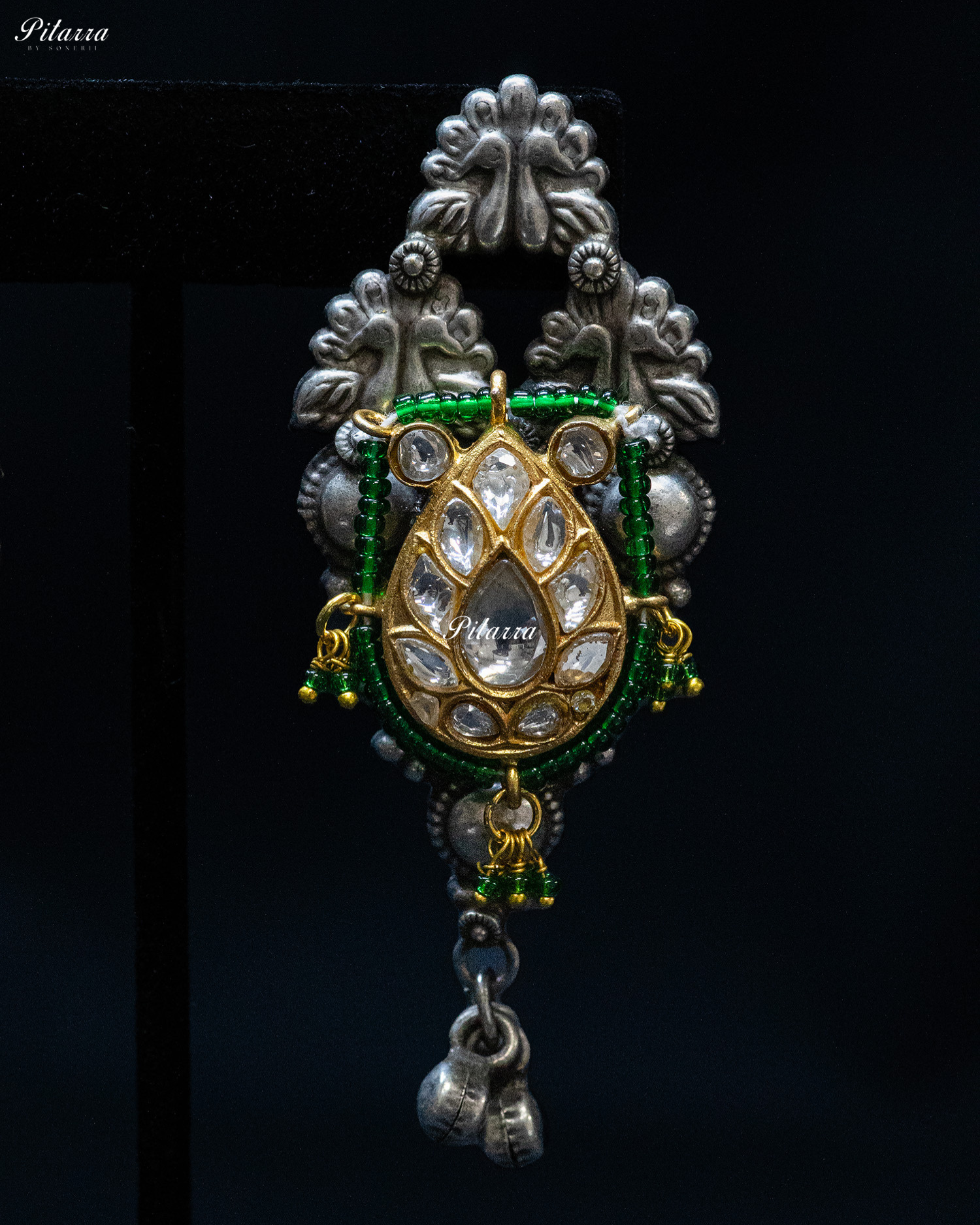 Golden Flora Green Moon Ghunghroo Silver Look Alike Choker Set