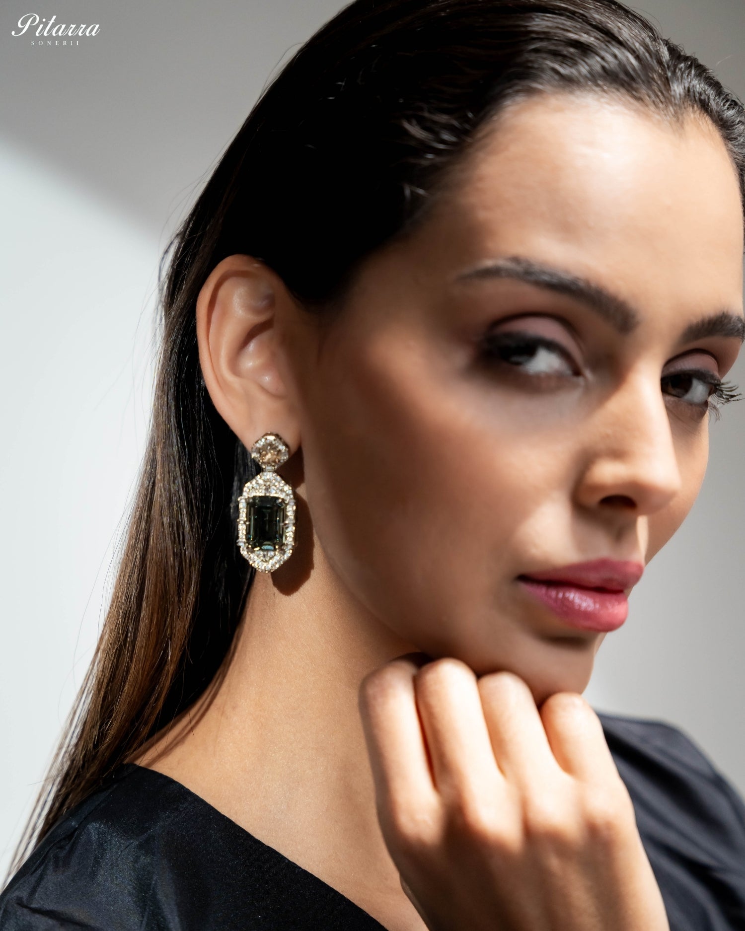 Smoky Green Emerald Cut Diamond Halo Drop Earrings