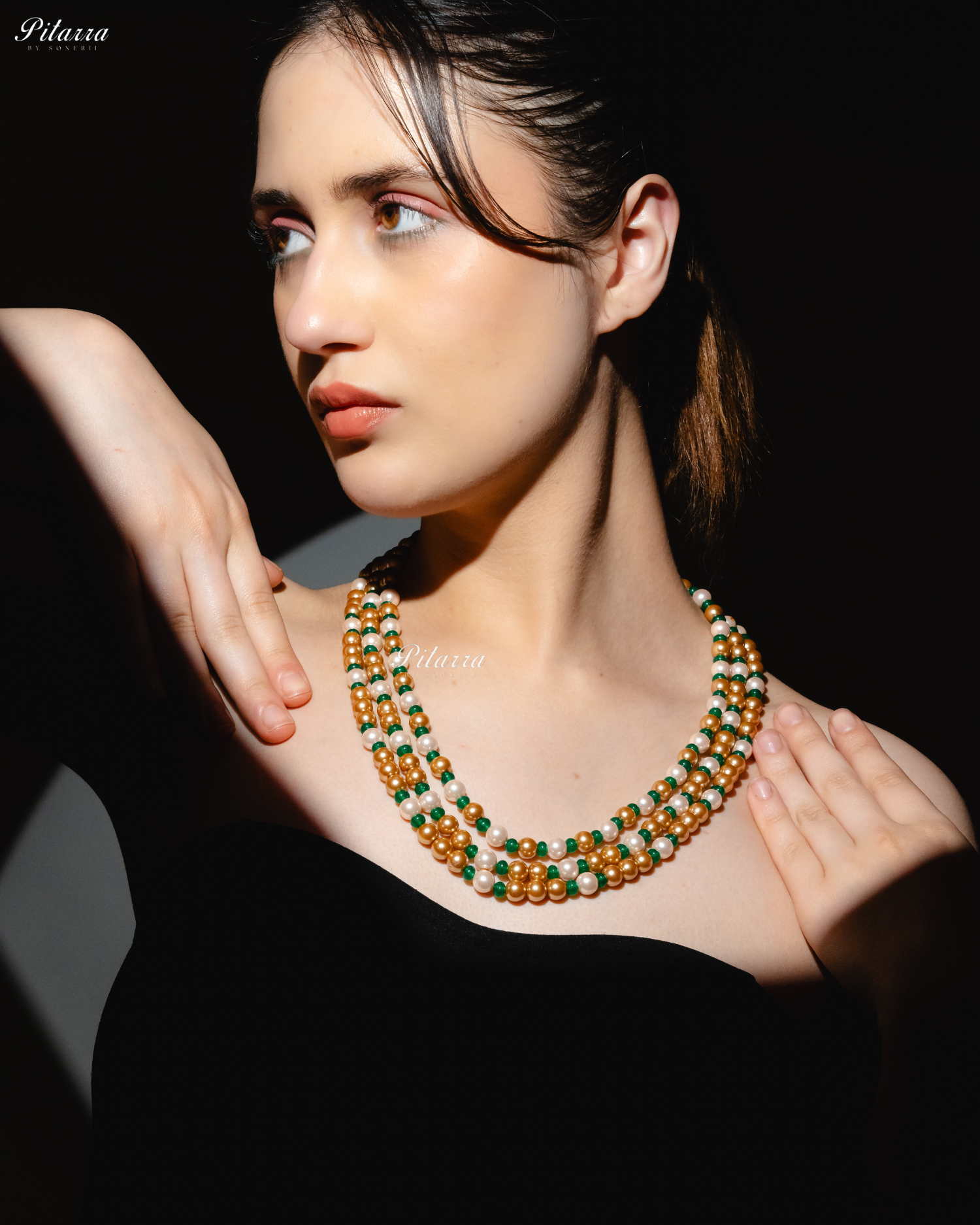 Three Layer Multi Color Pearl Studed Necklace