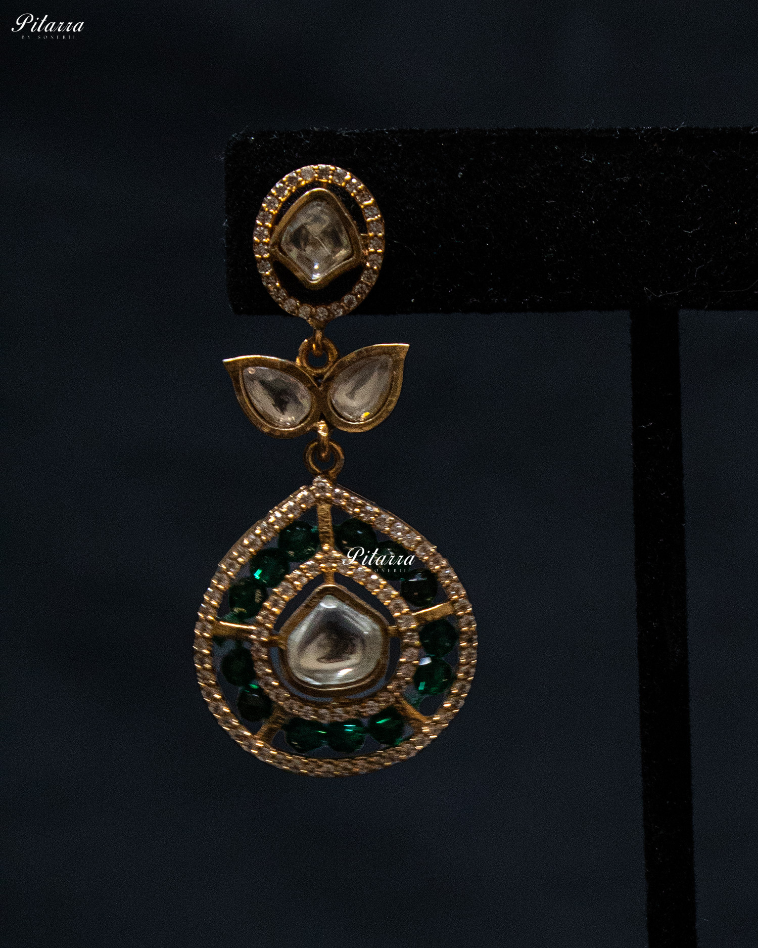 Emerald Crystals Teardrop Gold Plated Kundan Necklace Set