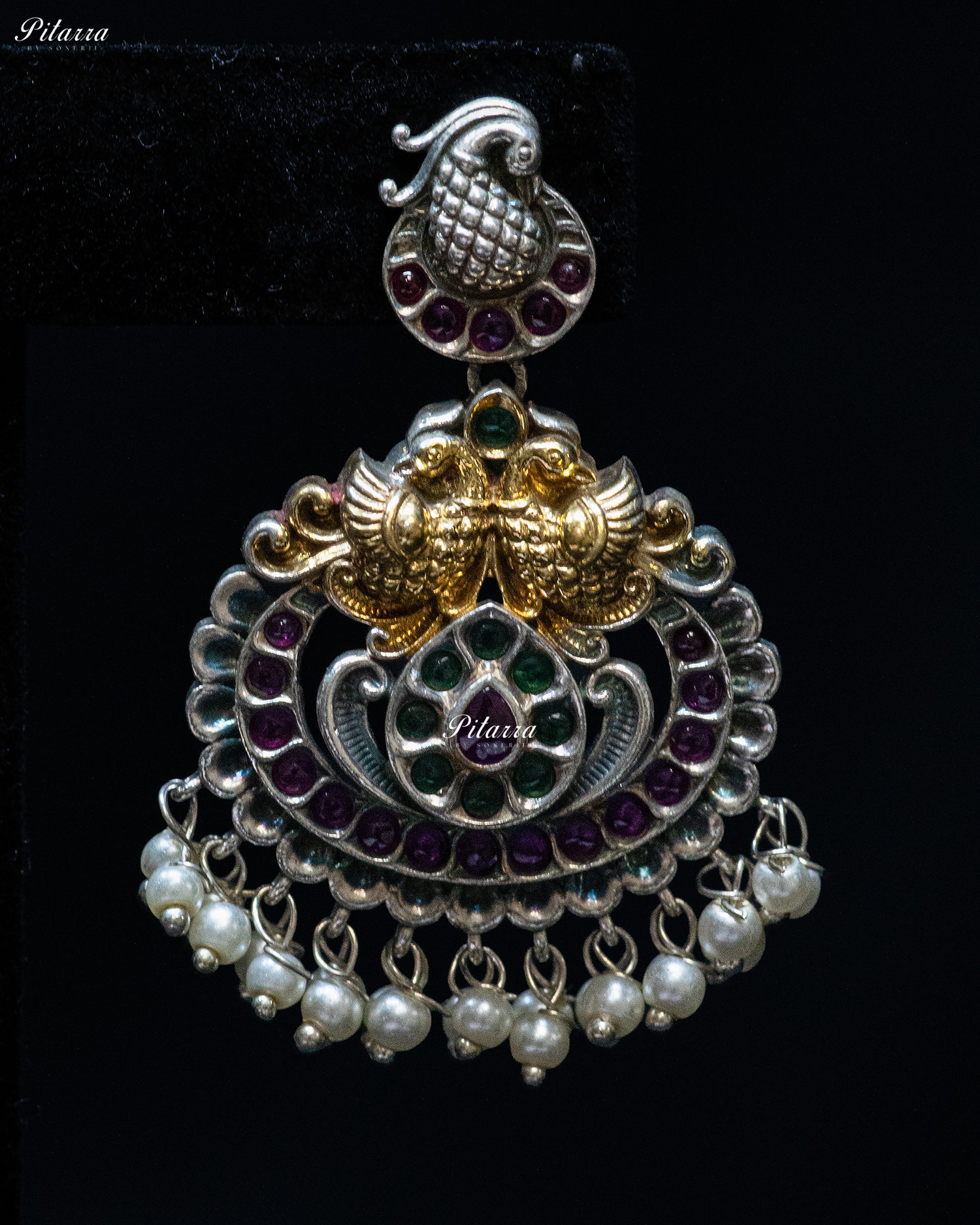 Peacock Carved Pink Stone Pink Layer Stone Silver Look Alike Pendant Set