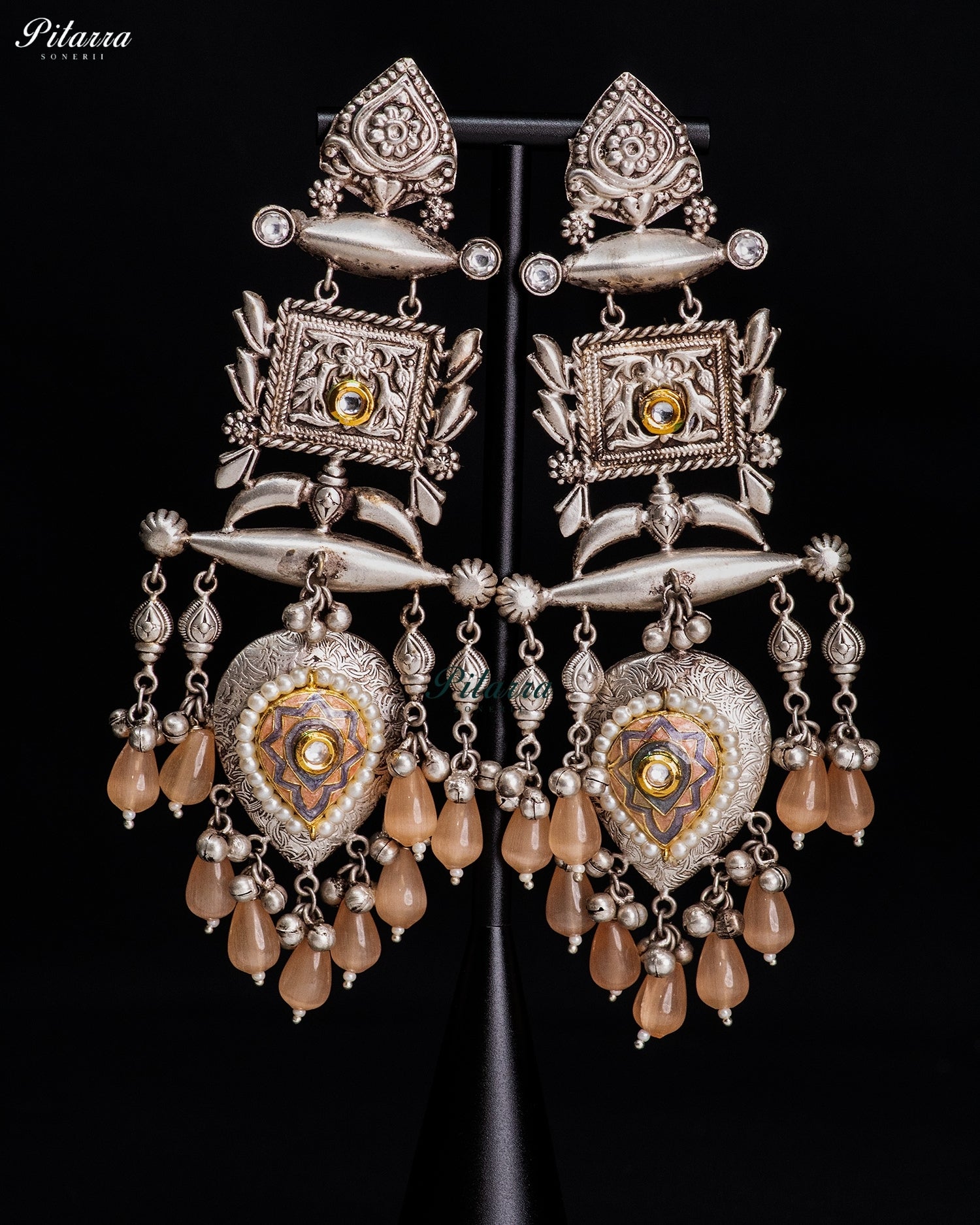 Peach Stone Silver Look-Alike Heritage Statement Earrings