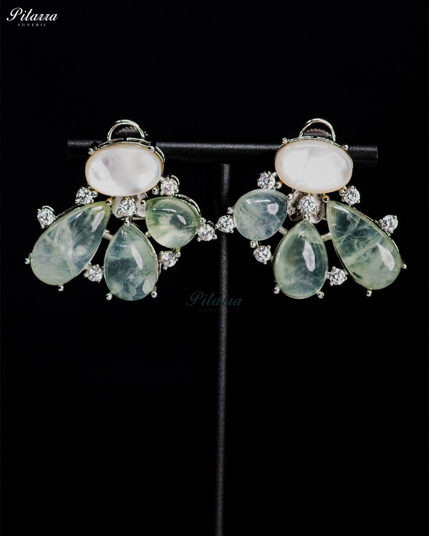 White and Green Stone Crystal Dangler Earrings