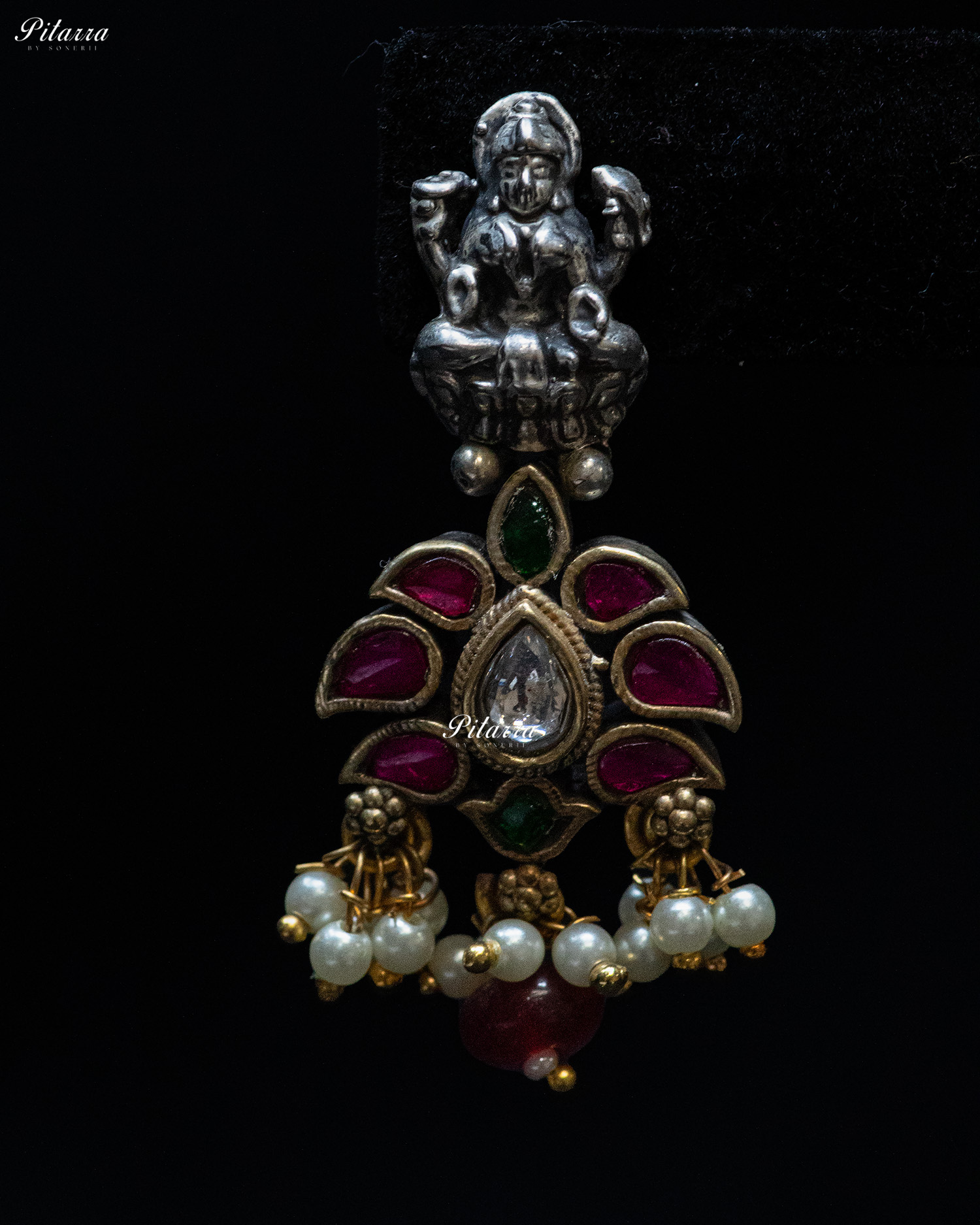 Layer Chain White Stone Laxmi Silver Look Alike Pendant Set