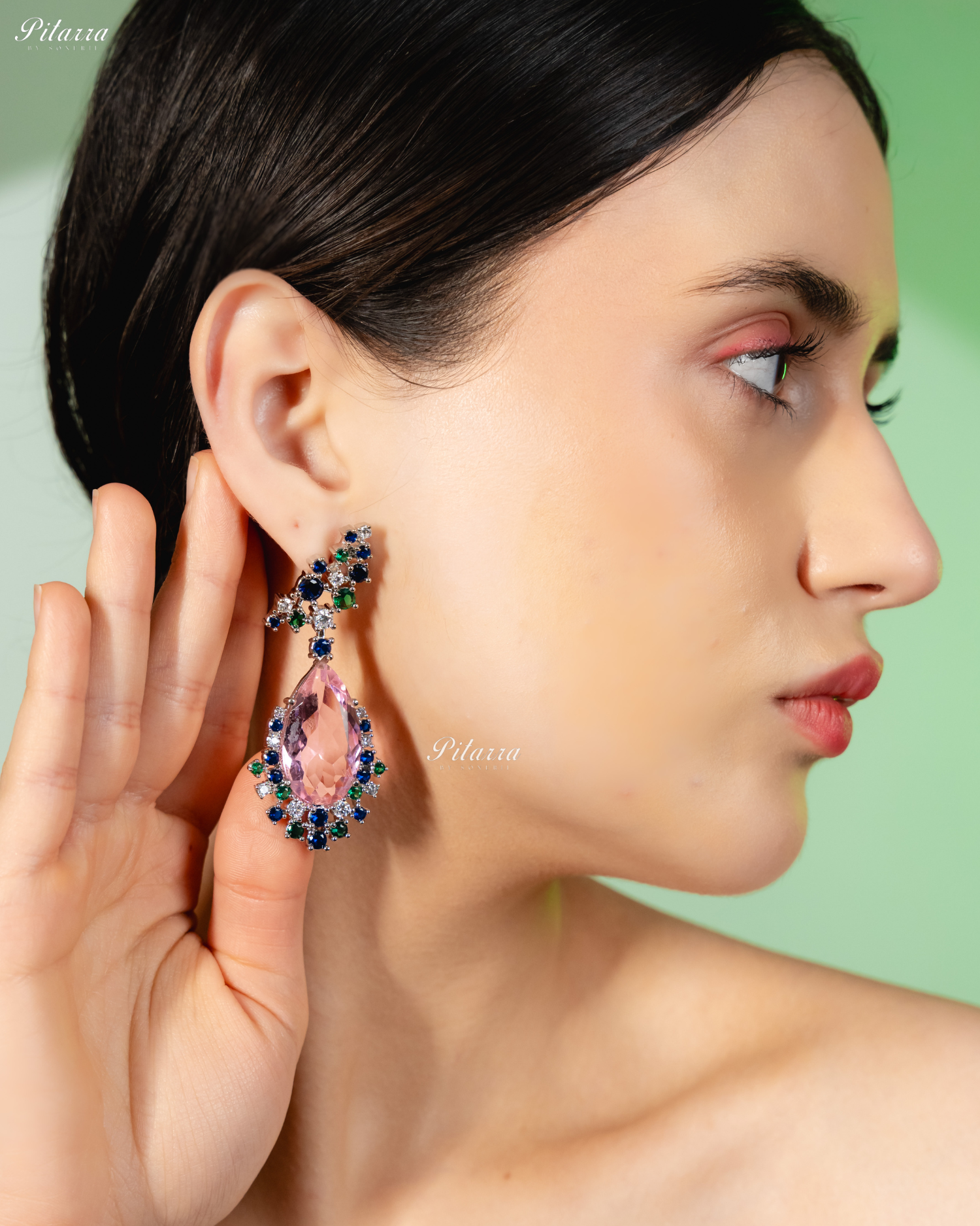 Pink Stone Sparkling Sliver Line Crystal Earrings
