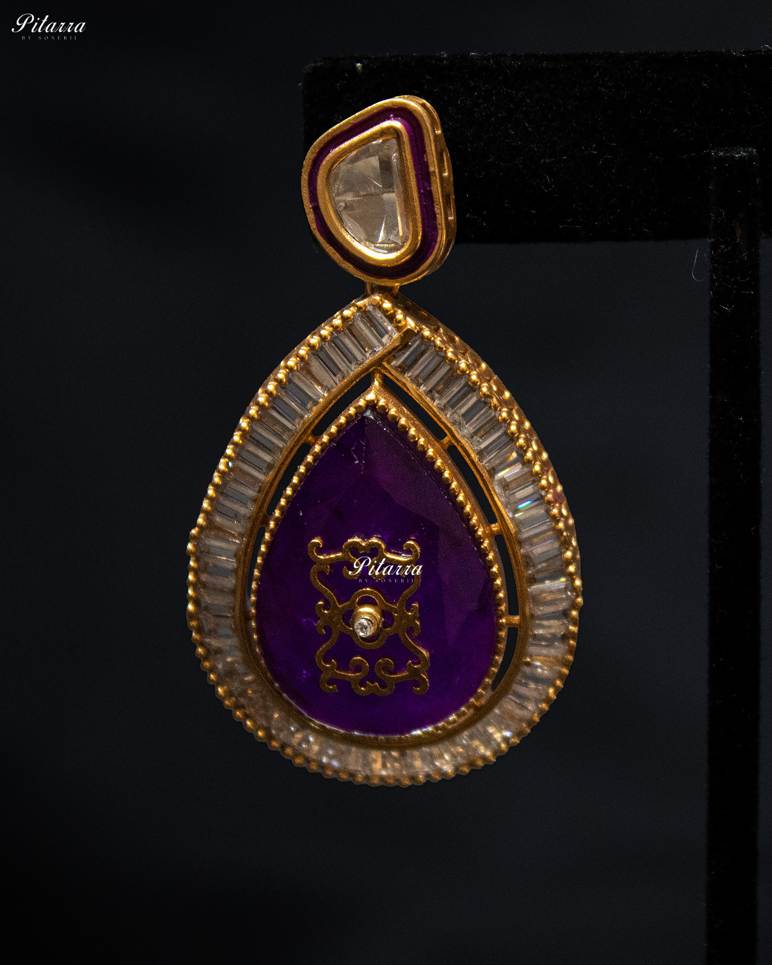 Big Purple Teardrop Gold Plated Kundan Necklace Set