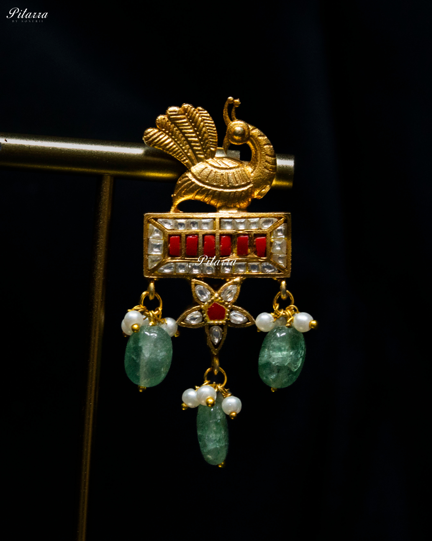 Golden Peacock Green Pearl Necklace Set