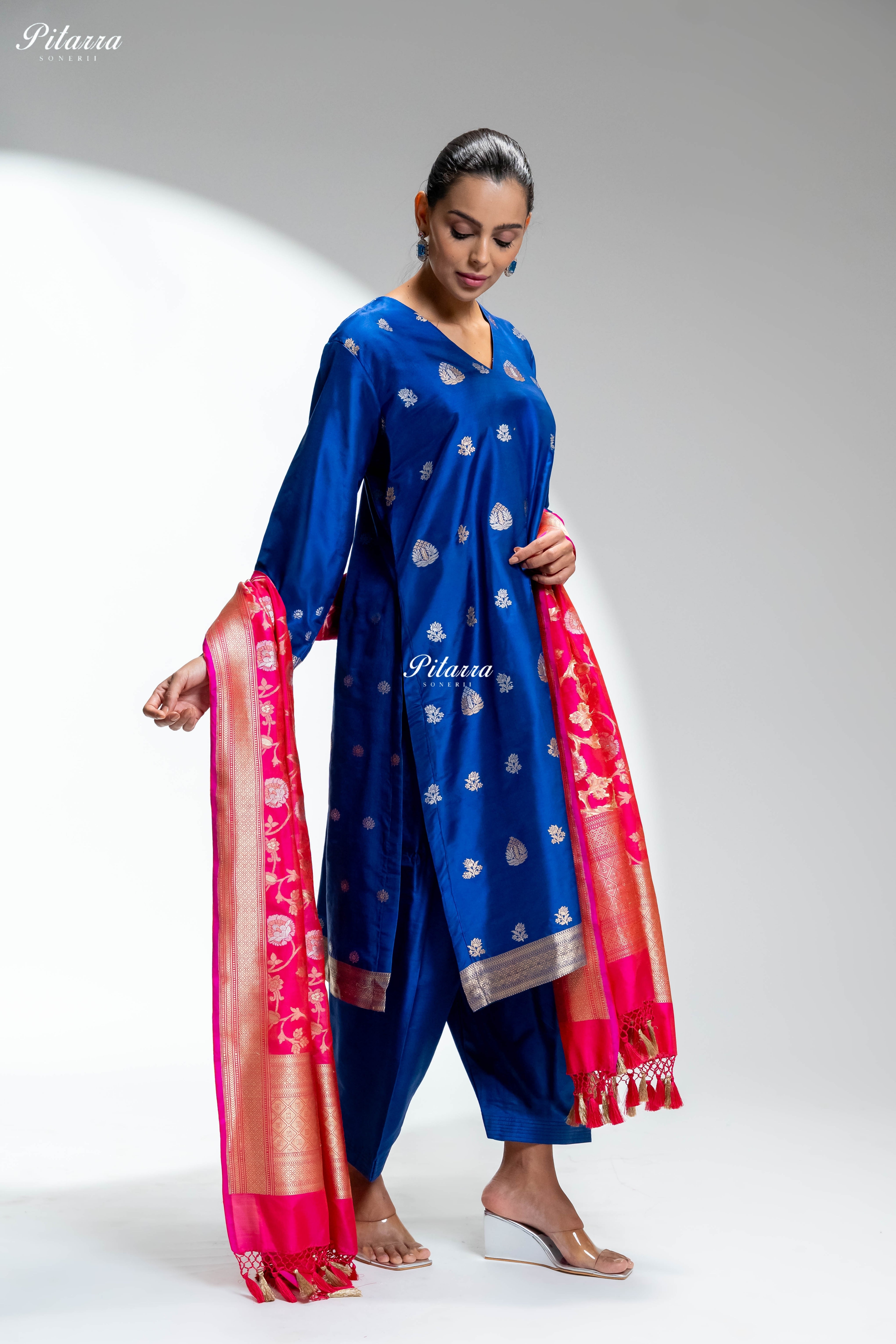 Royal Blue Gold Zari Butti Kurta Set with Pink Dupatta