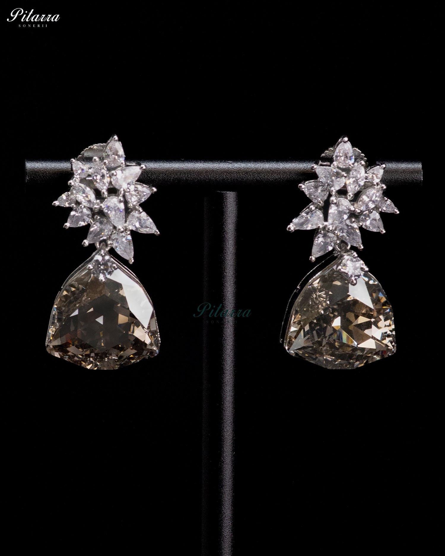 Crystal Floral Cluster Triangle Drop Earrings