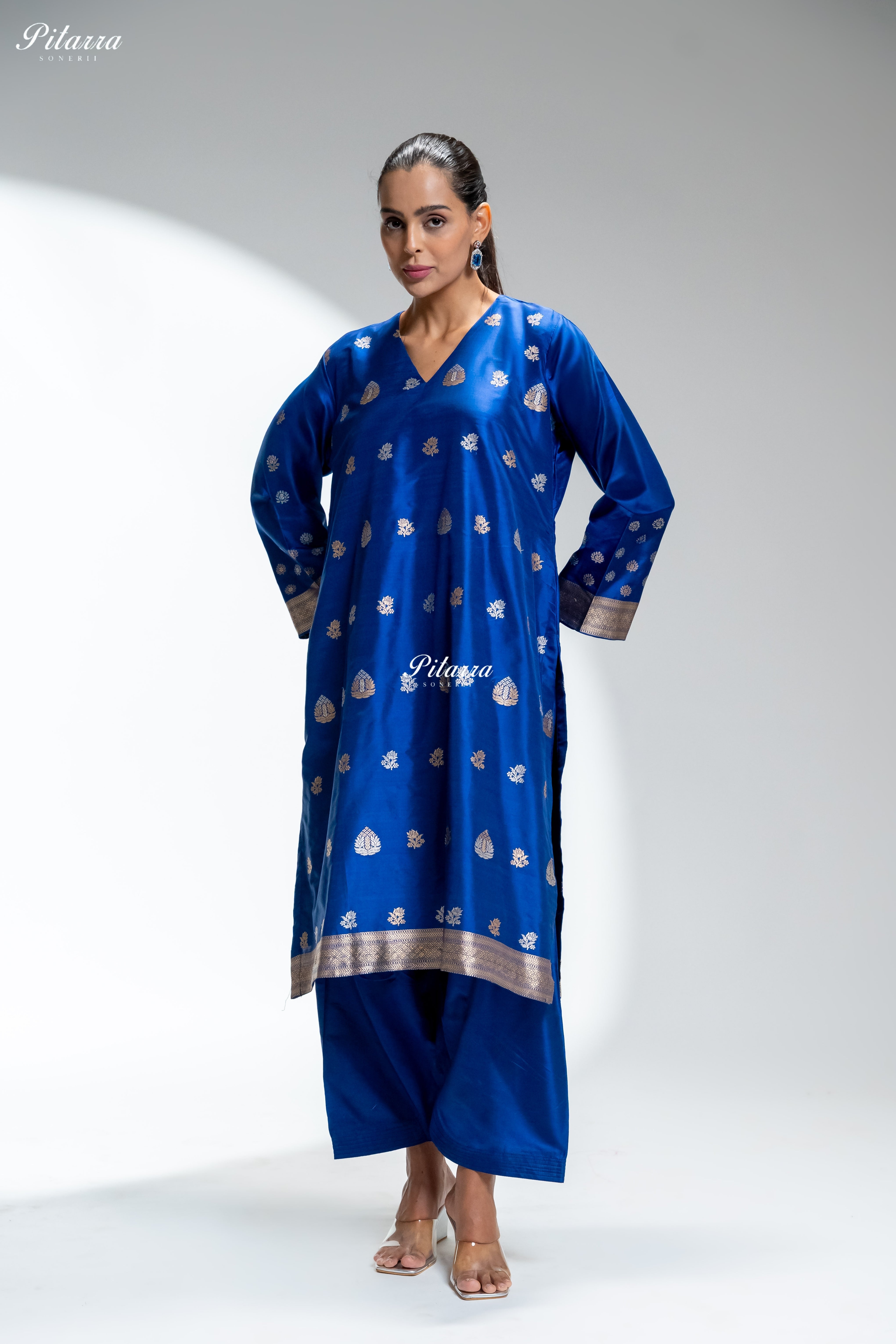 Royal Blue Gold Zari Butti Kurta Set with Pink Dupatta