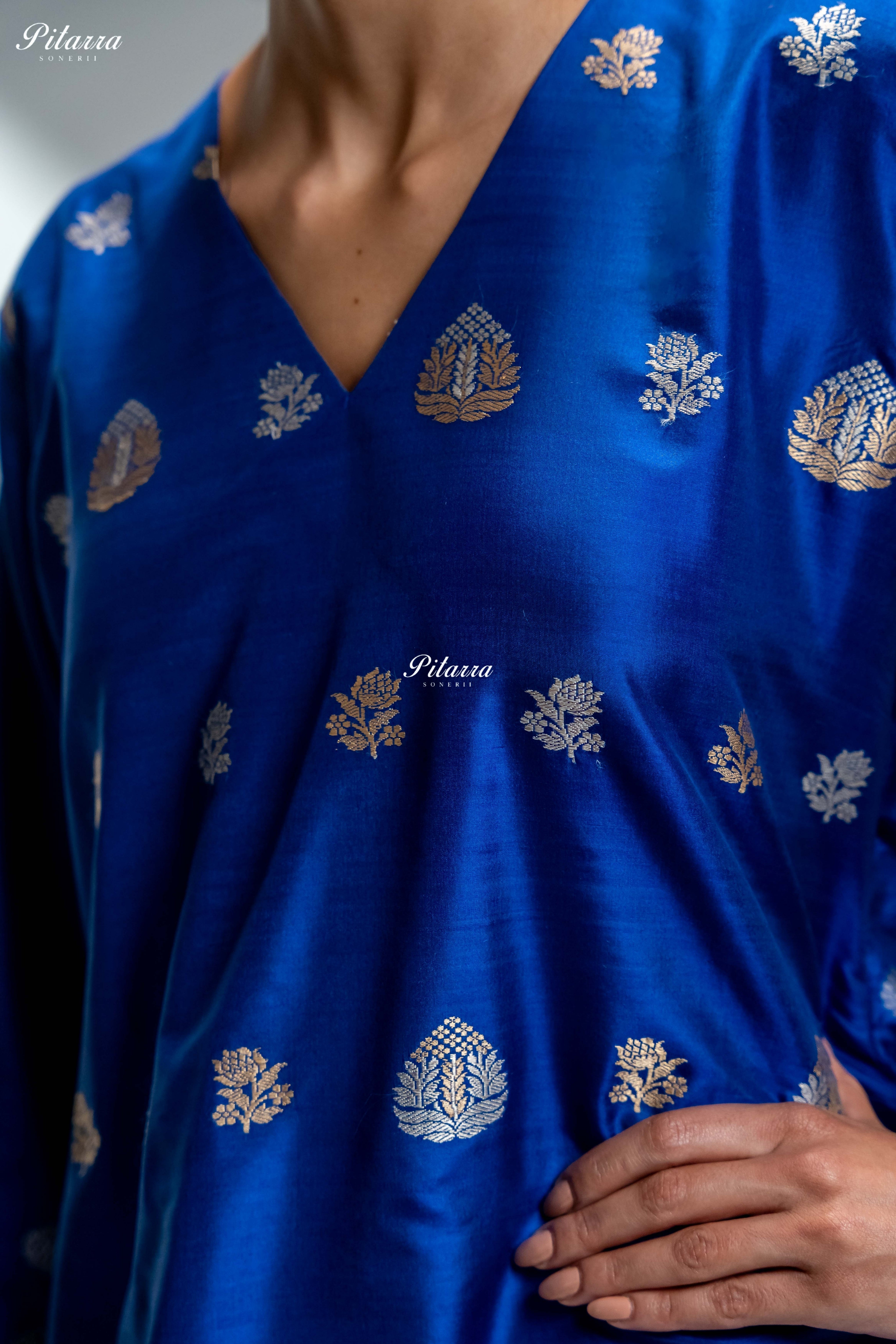 Royal Blue Gold Zari Butti Kurta Set with Pink Dupatta