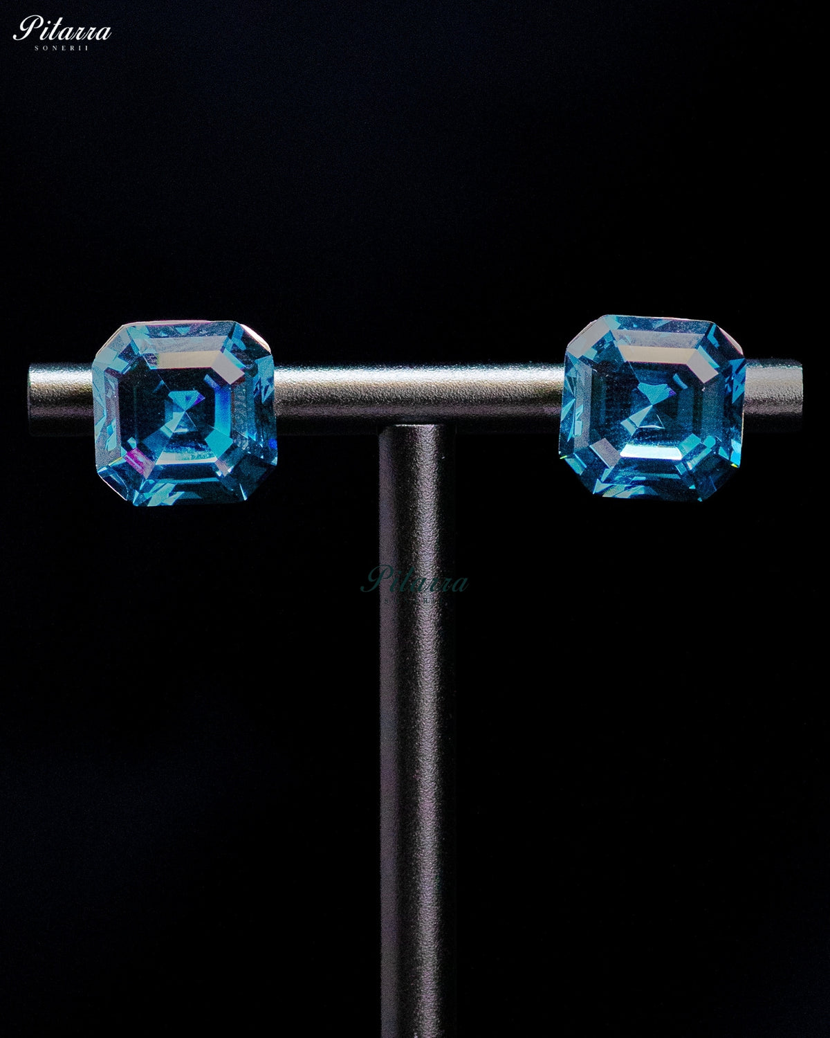 Blue Octagon Crystal Stud Earrings