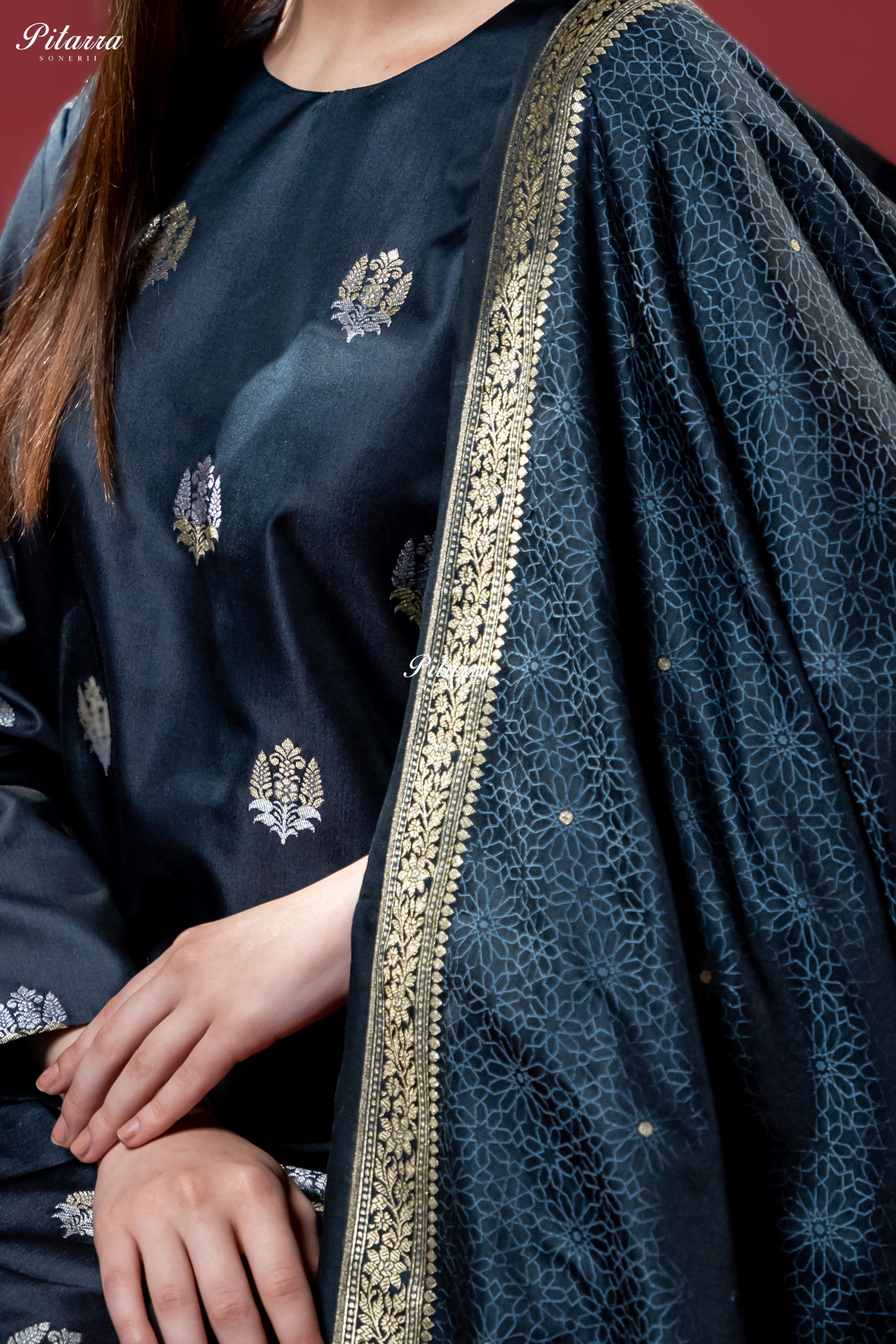 Navy Blue Gold Zari Butti Kurta Set with Dupatta