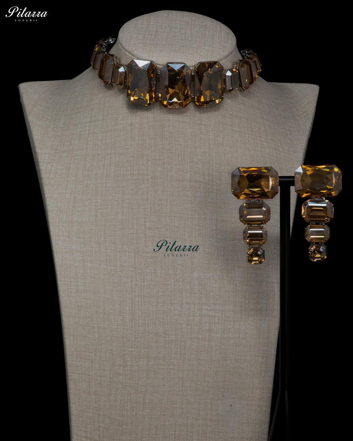 Smoky Brown Oversized Emerald Cut Crystal Statement Choker Necklace Set