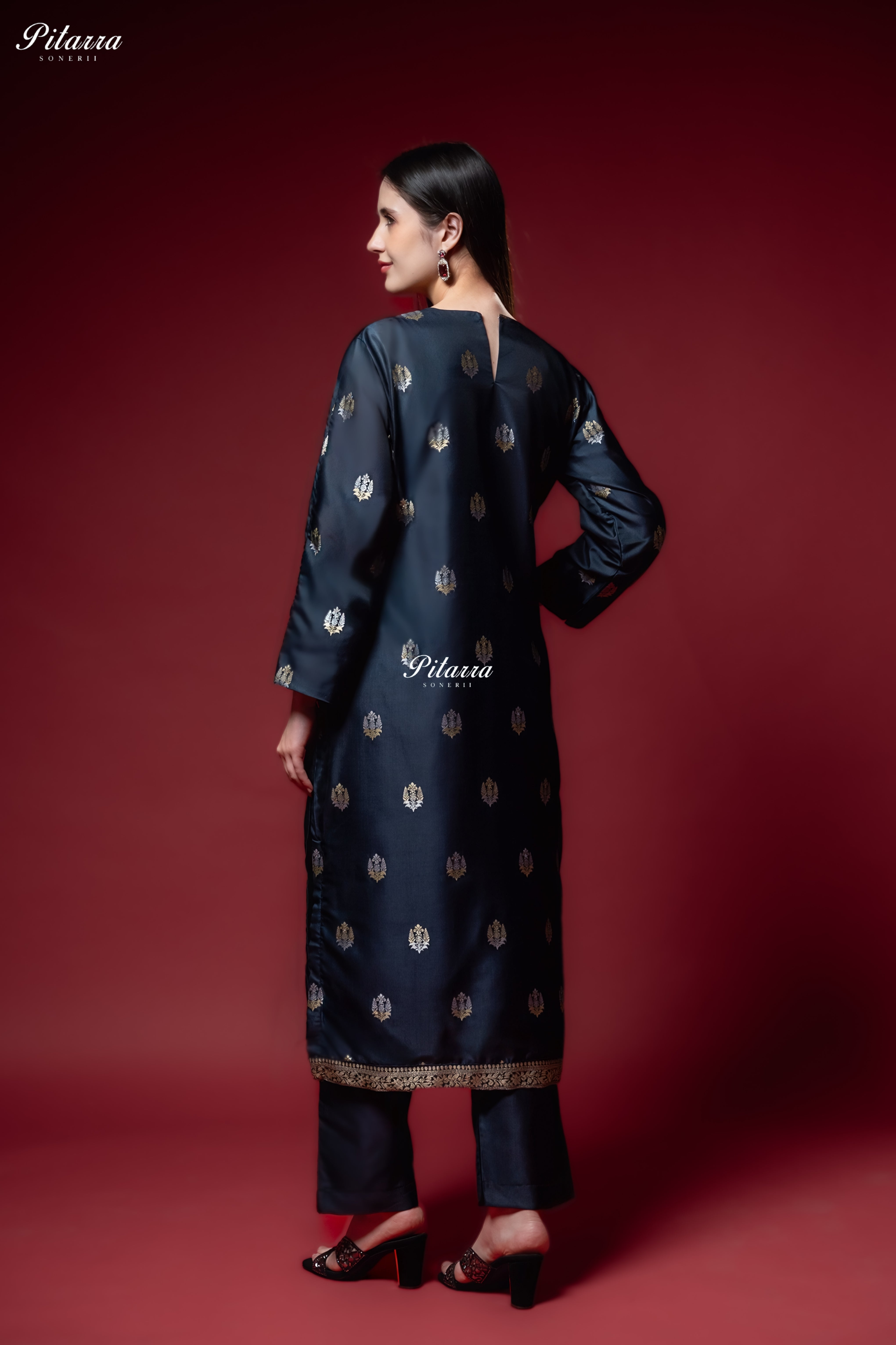 Navy Blue Gold Zari Butti Kurta Set with Dupatta