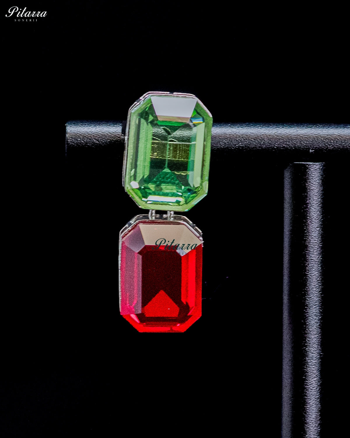 Green and Red Emerald Cut Crystal Drop Earrings