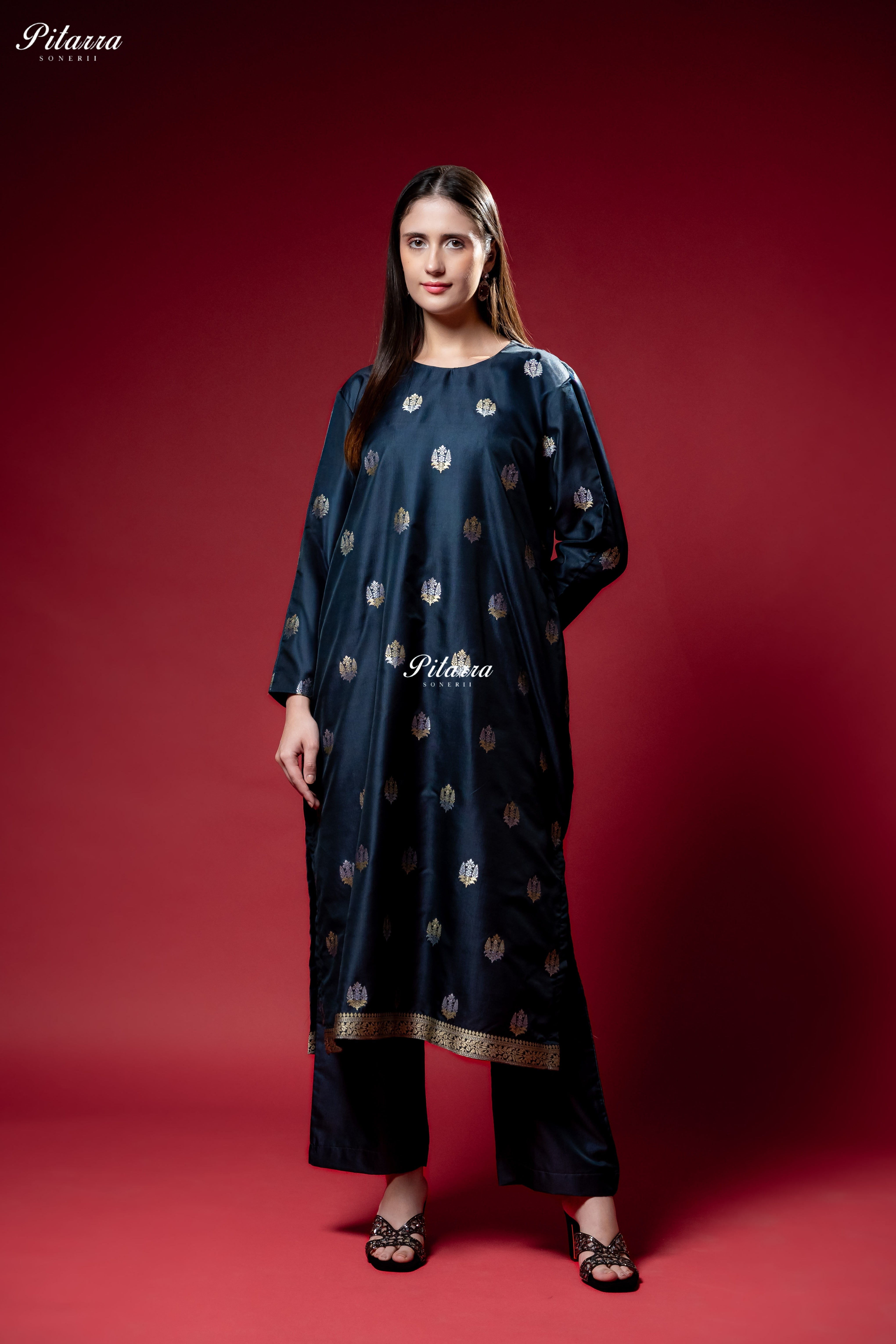 Navy Blue Gold Zari Butti Kurta Set with Dupatta