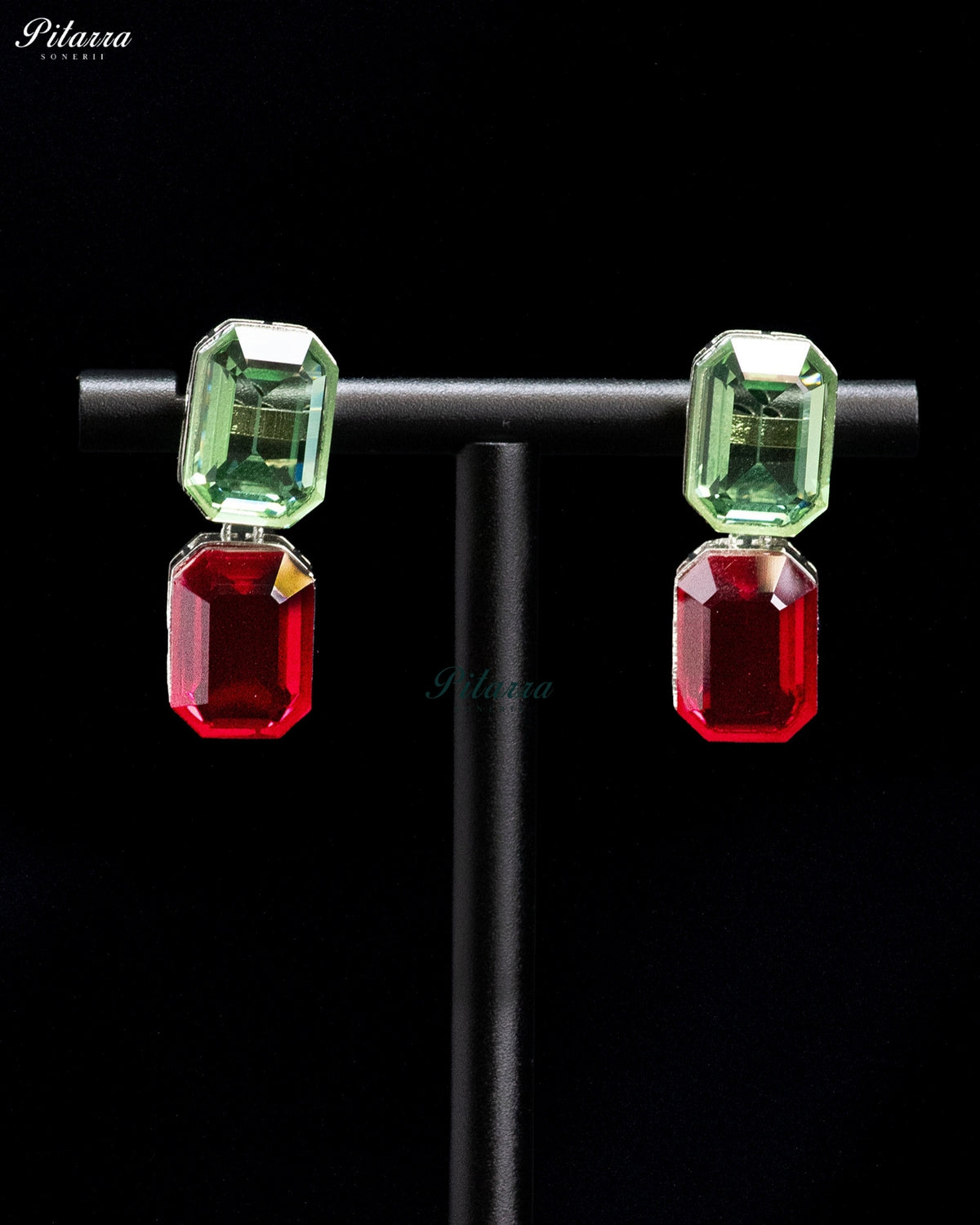 Green and Red Emerald Cut Crystal Drop Earrings