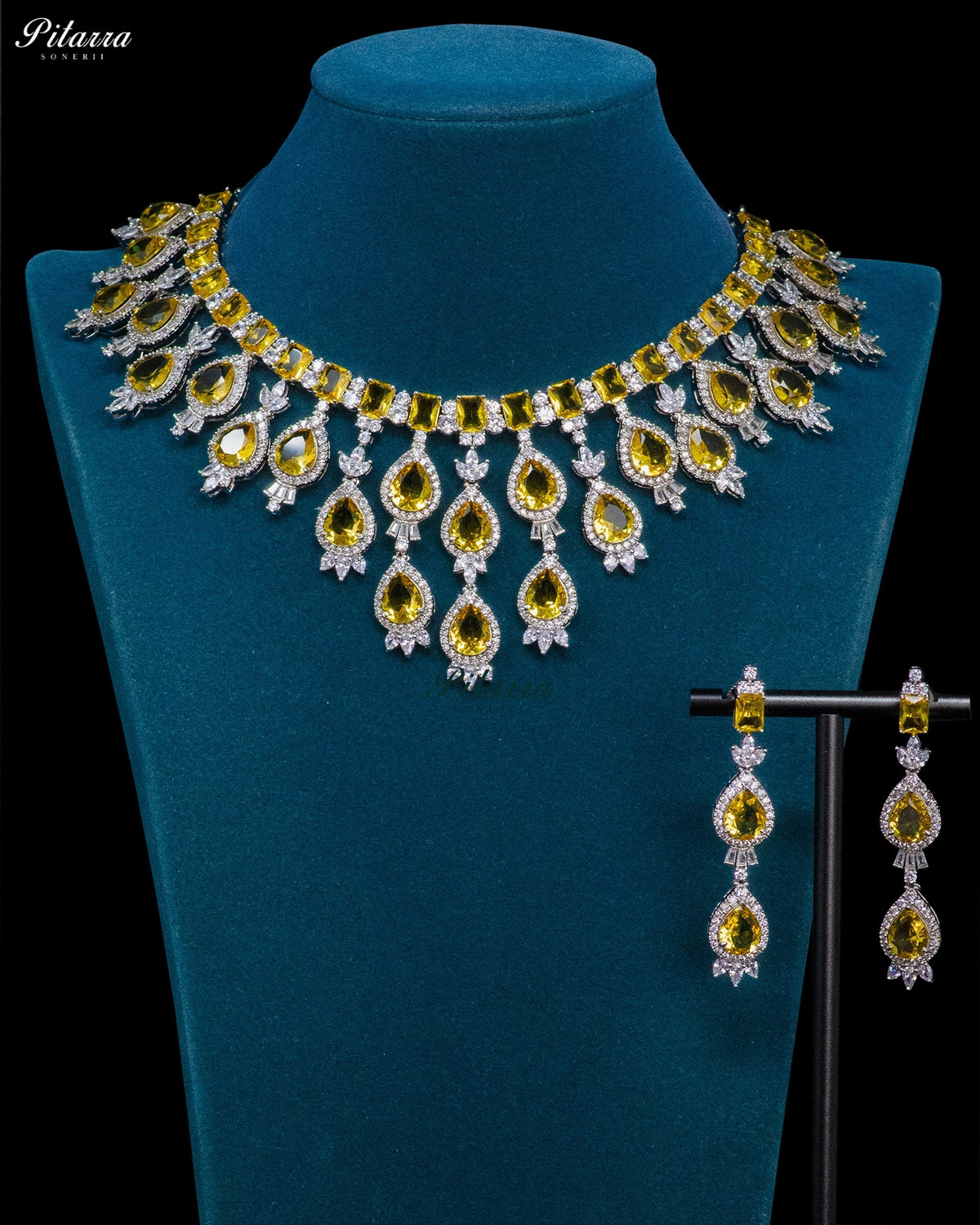 Citrine Yellow Pear Cut Stone Zircon Silver Crystal Drop Necklace Set