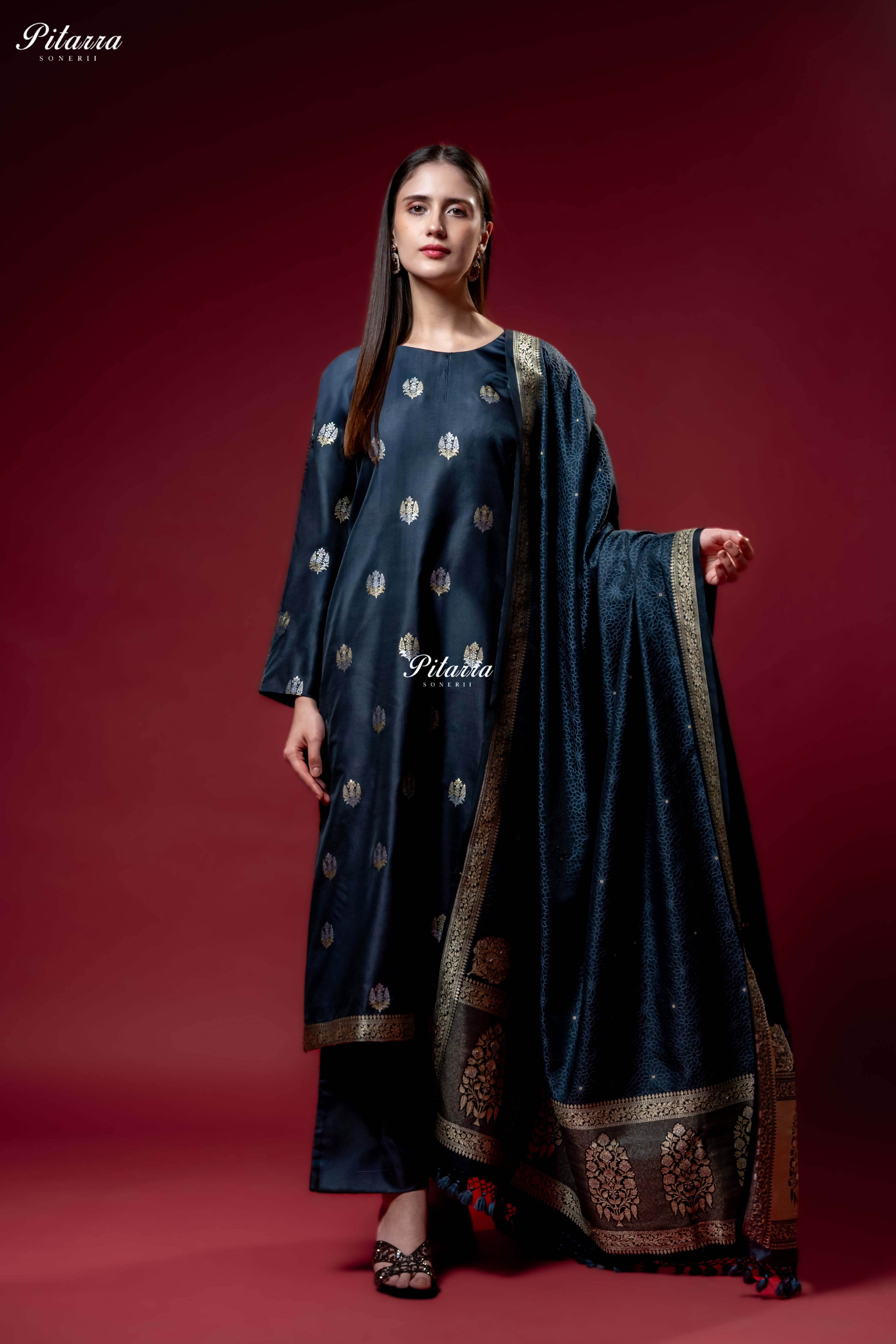 Navy Blue Gold Zari Butti Kurta Set with Dupatta