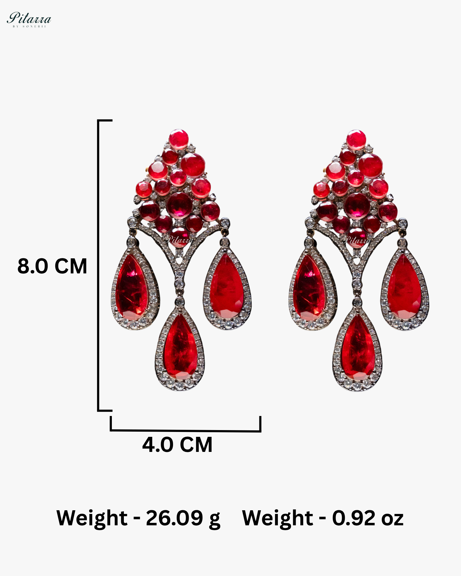 Red Stone Three Teardrop Silver Finish CZ Doublet Dangler Earrings