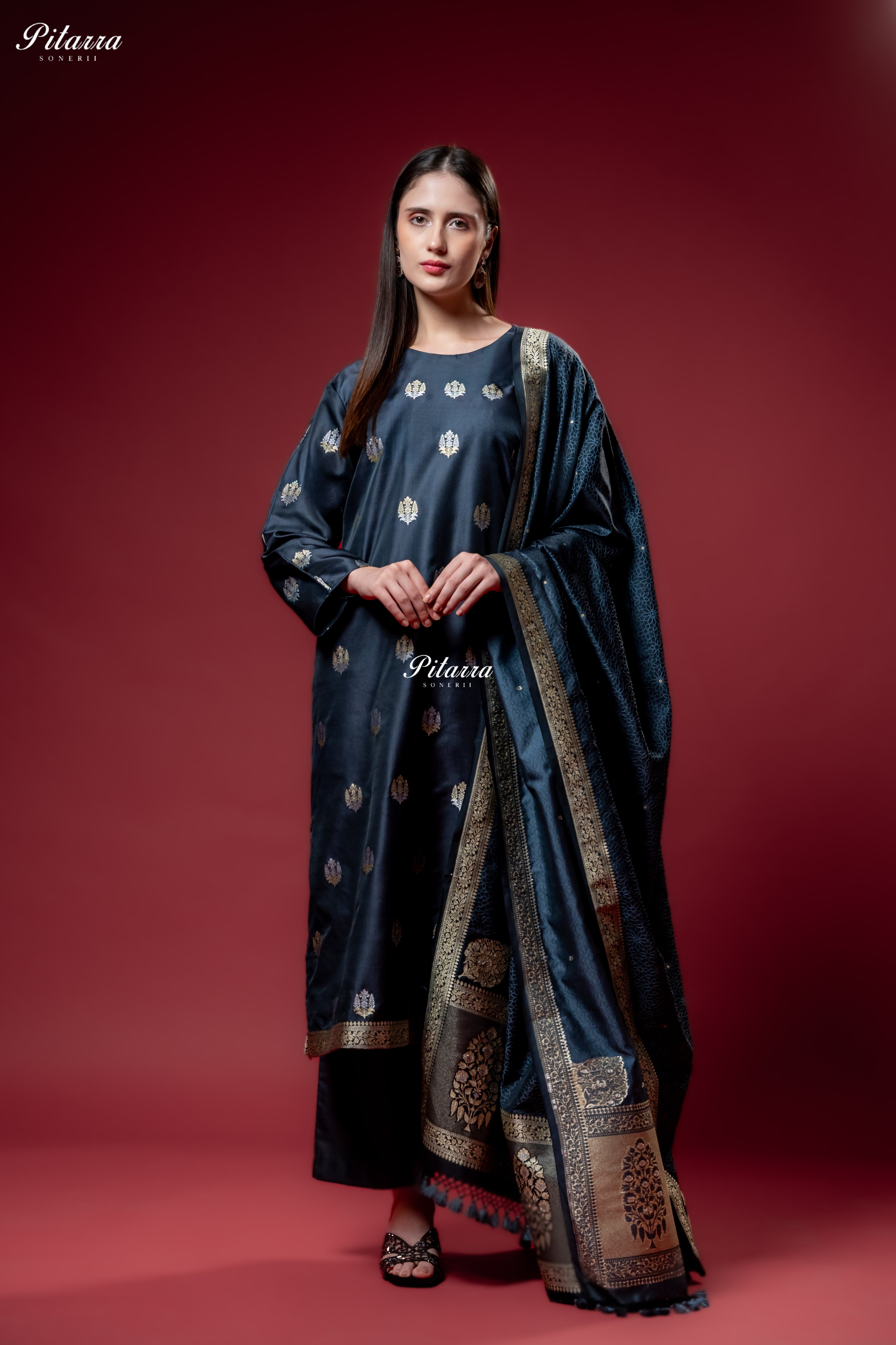 Navy Blue Gold Zari Butti Kurta Set with Dupatta