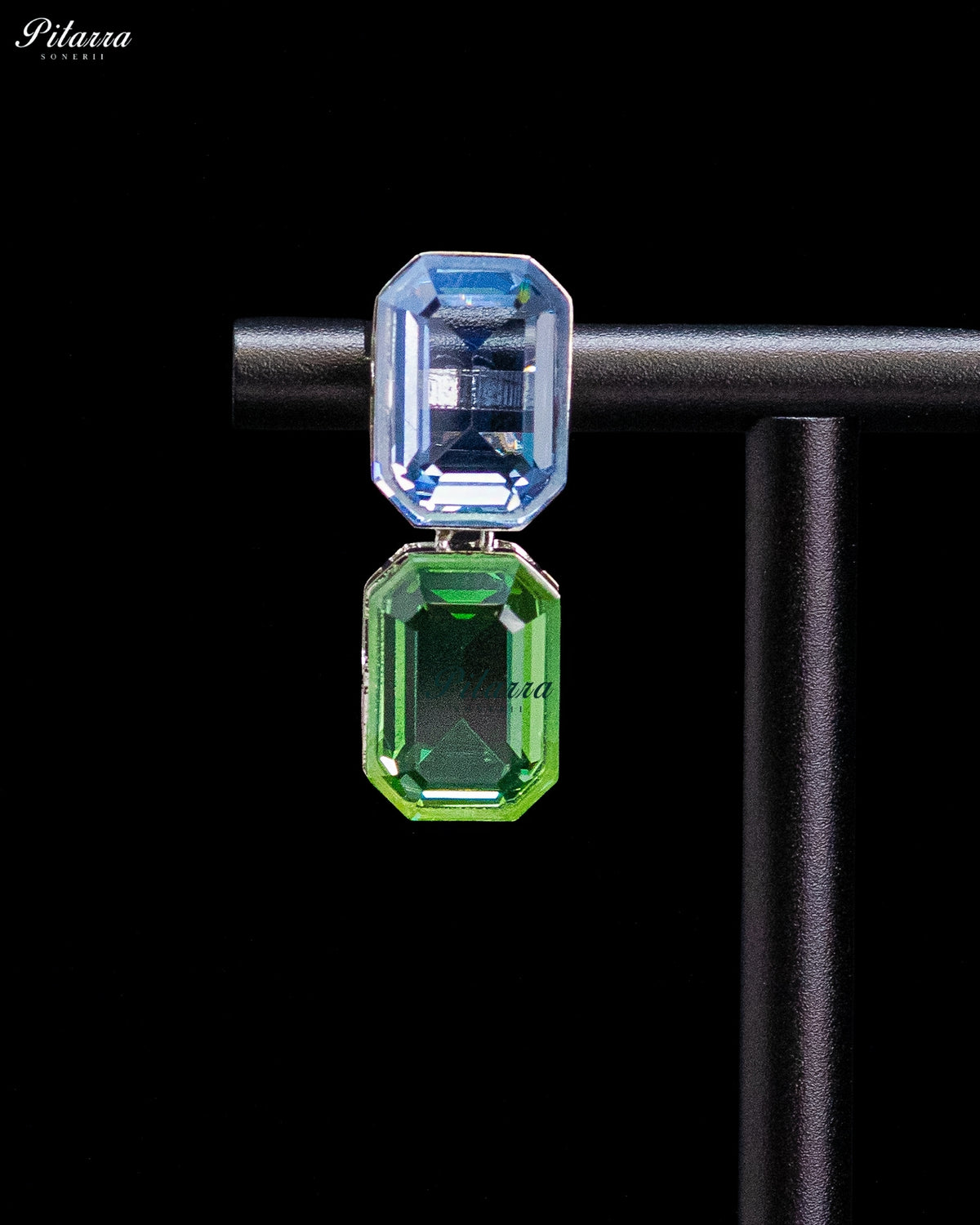 Blue and Green Emerald Cut Crystal Drop Earrings