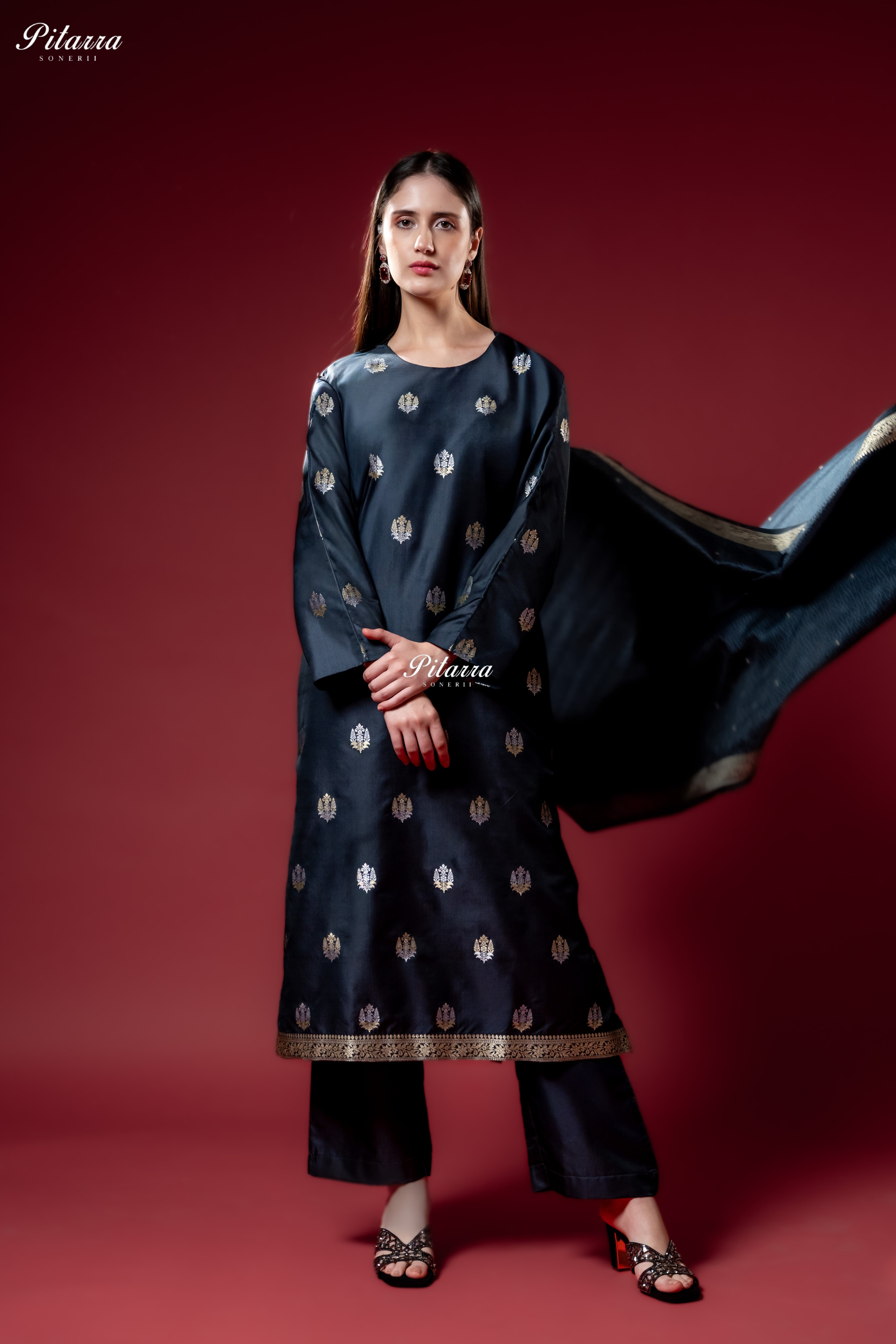 Navy Blue Gold Zari Butti Kurta Set with Dupatta