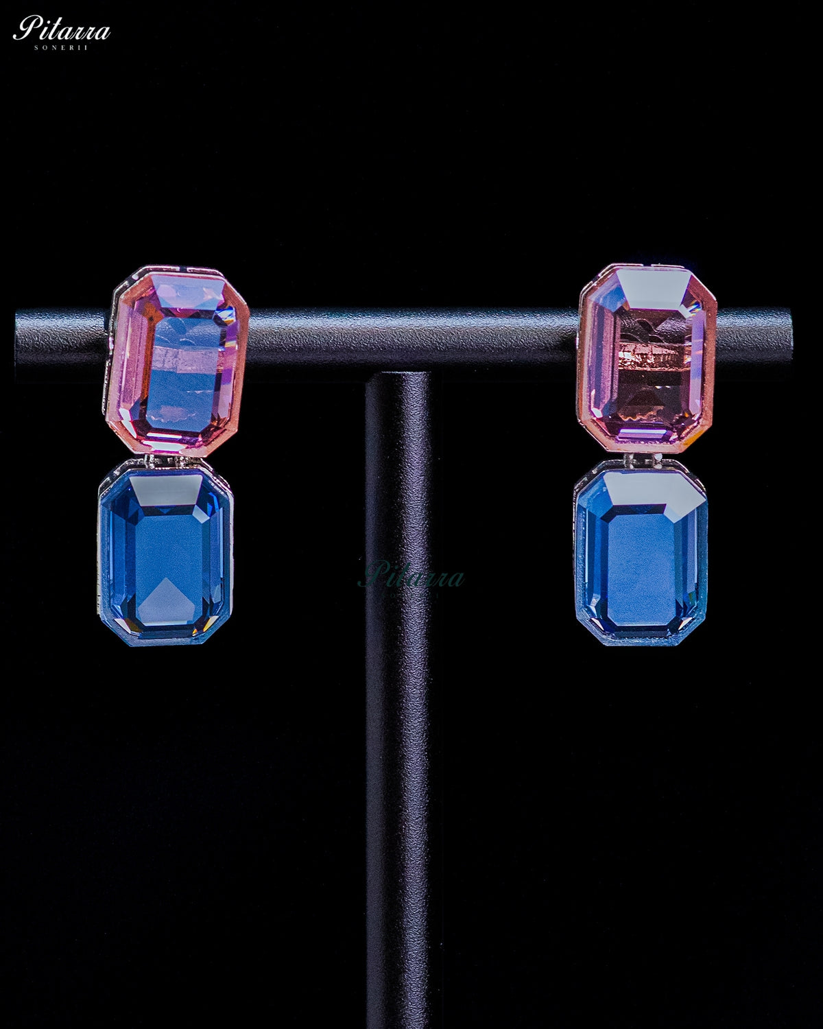 Pink and Blue Emerald Cut Crystal Drop Earrings