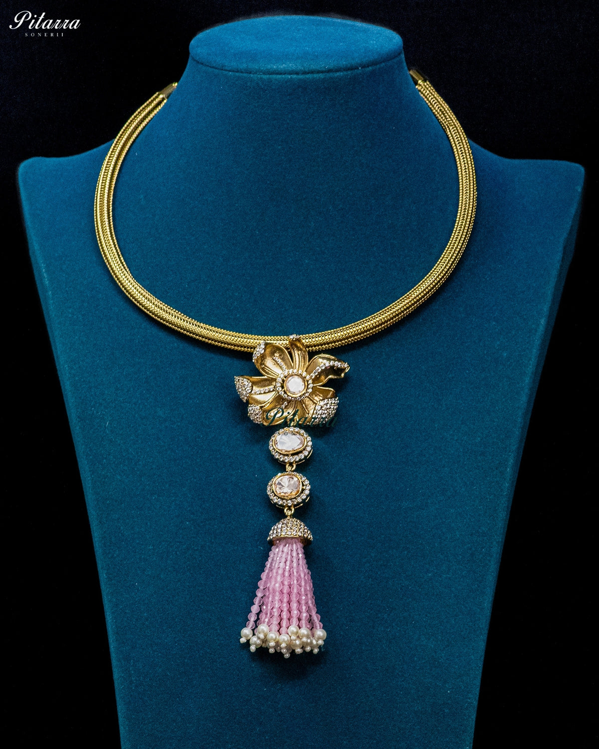 Light Pink Gold Floral Pink Tassel Necklace Set