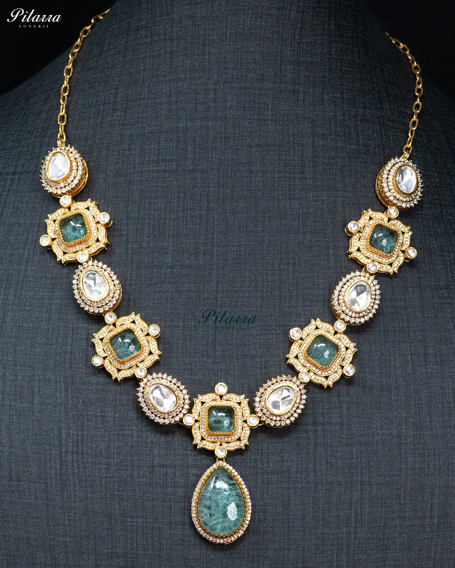 Green Cushion and Teardrop Kundan Necklace Set