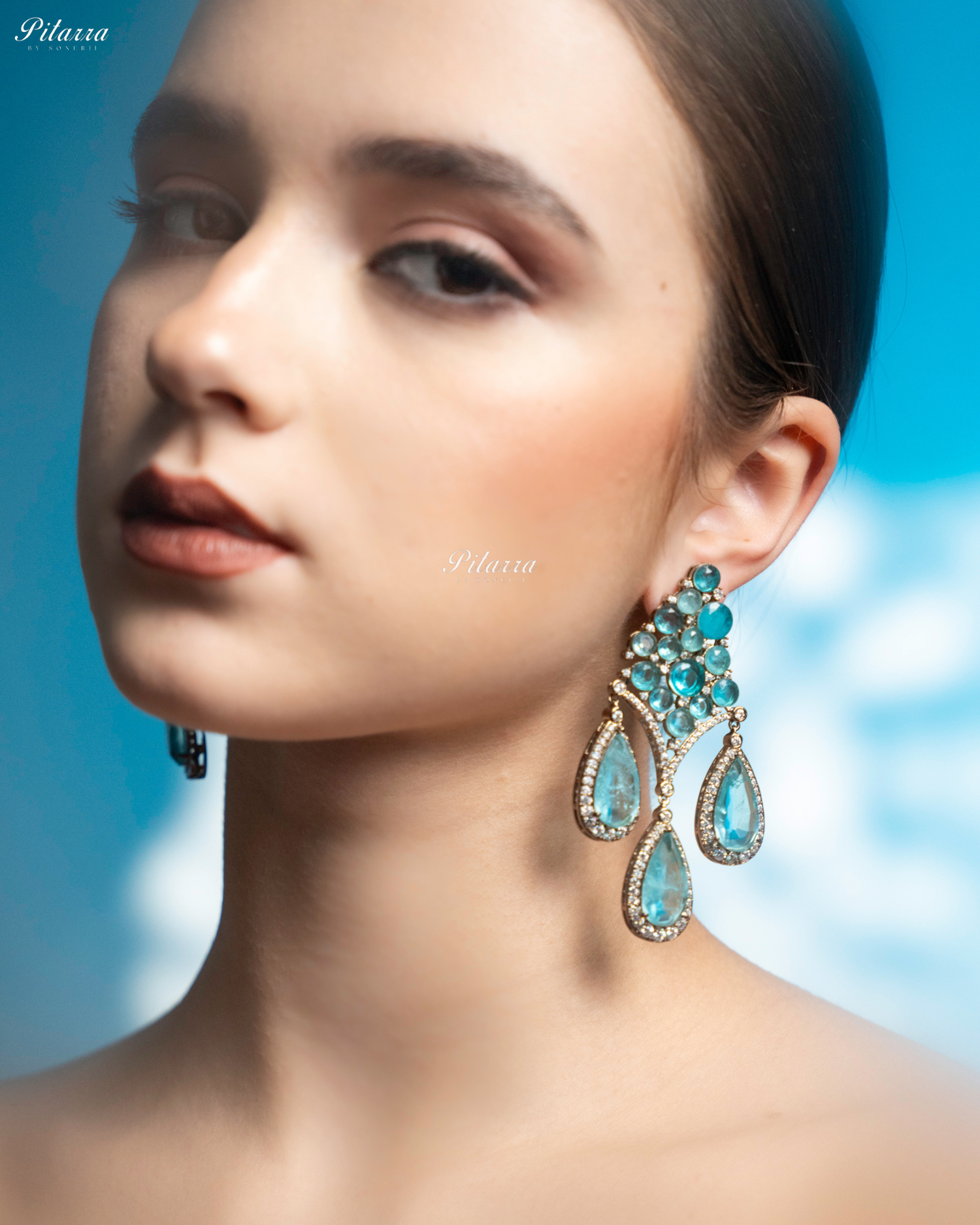 Turquoise Stone Three Teardrop CZ Doublet Dangler Earrings