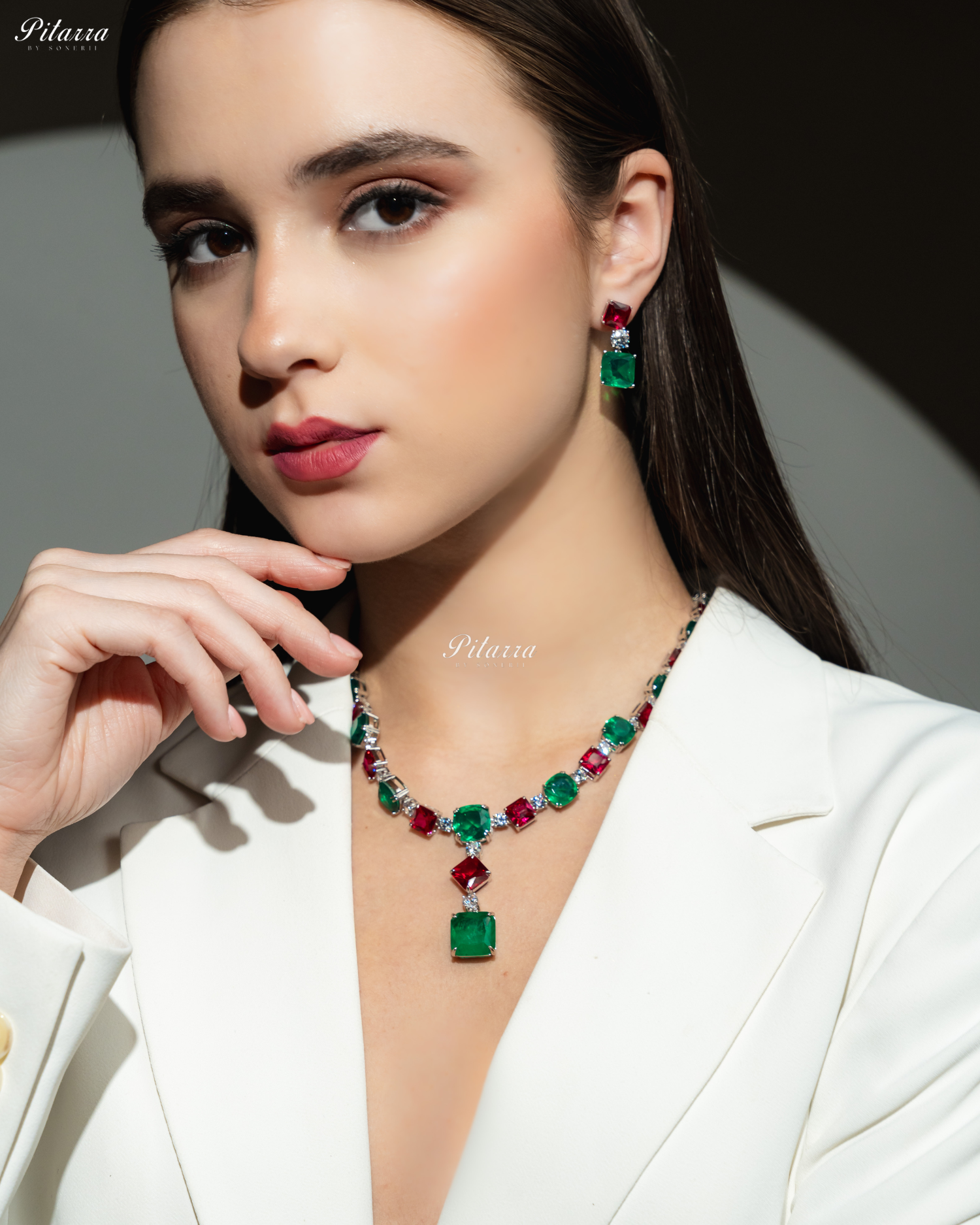 Pink and Emerald Magnifica 92.5 Silver Necklace Set