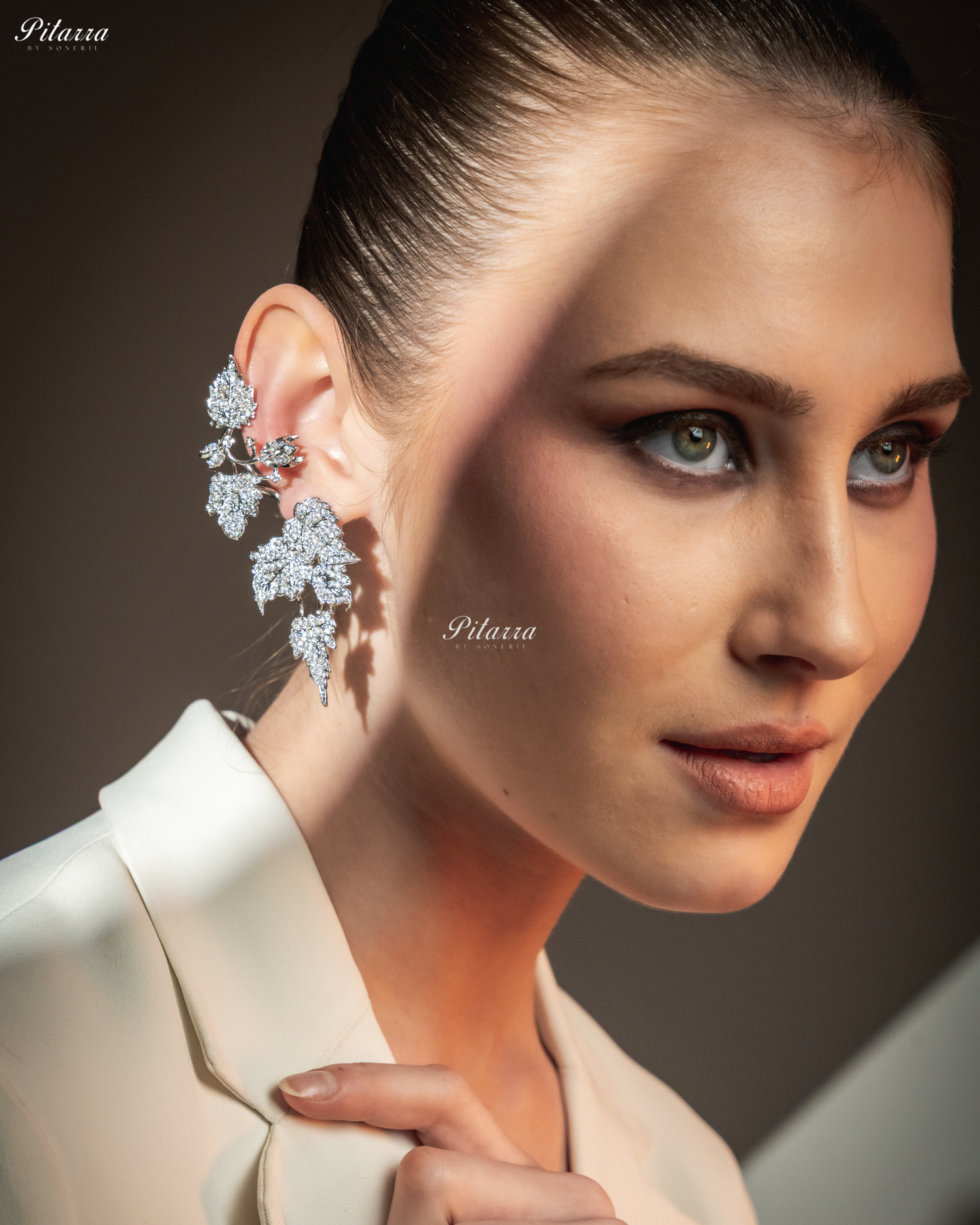 Silver Unique Leaf Shaped Crystal Earrings