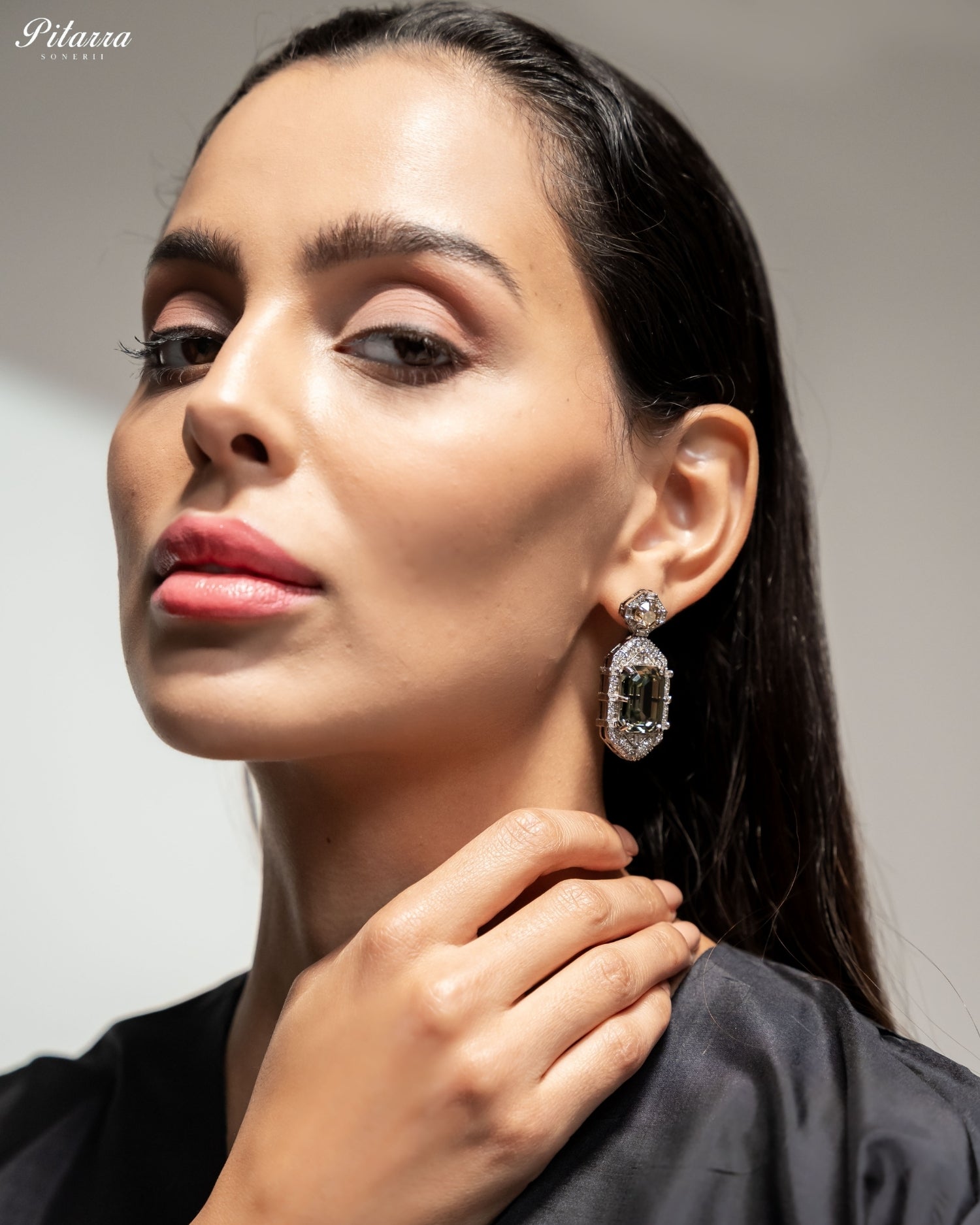 Smoky Green Emerald Cut Diamond Halo Drop Earrings