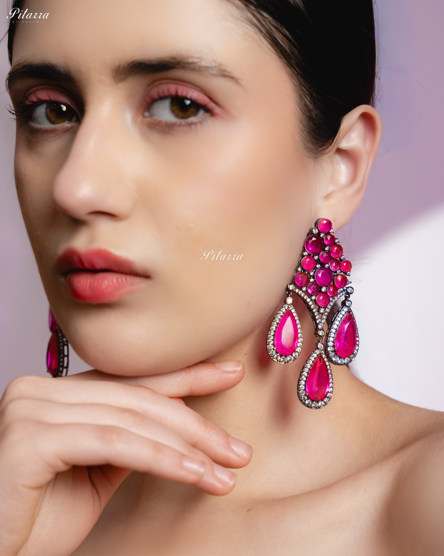 Pink Stone Three Teardrop Silver Finish CZ Crystal Dangler Earrings