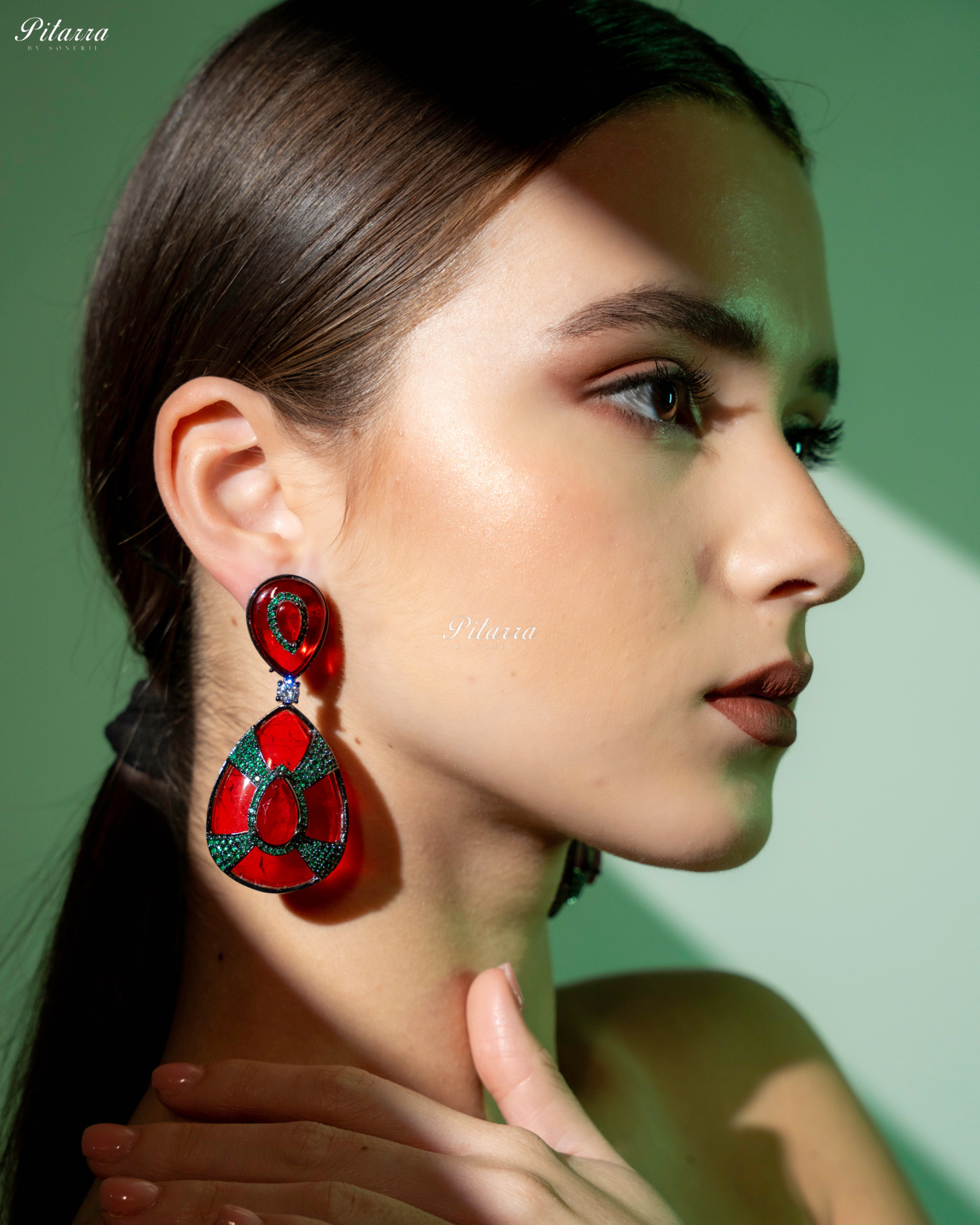 Red Stone Red Drop Emerald Line Crystal Dangler Earrings